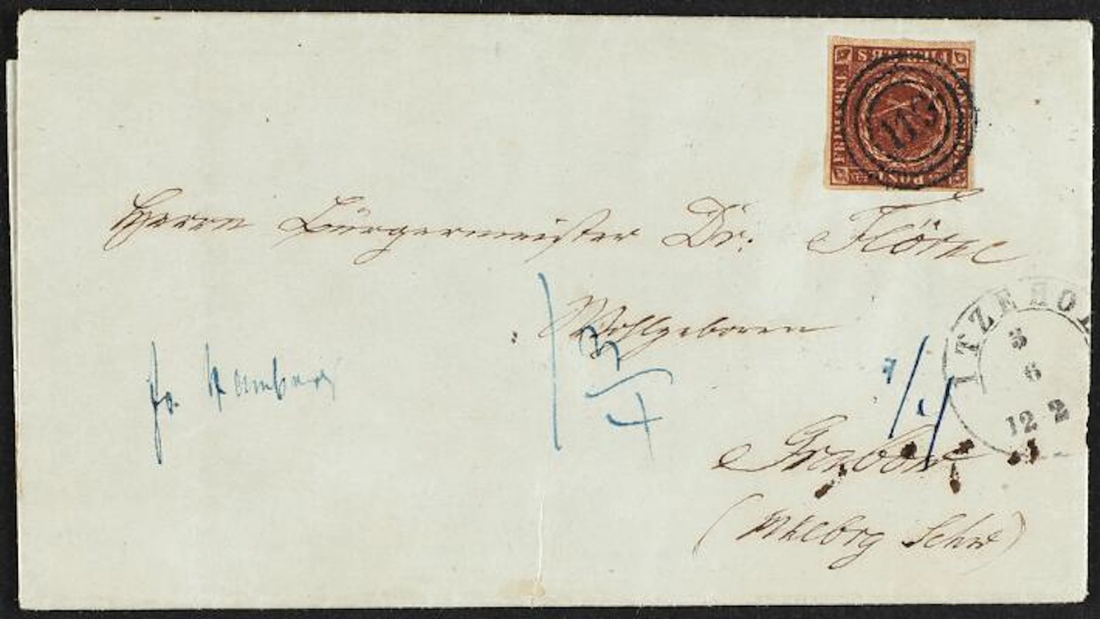 1853. 4 RBS Thiele II, dark redbrown. Plate II. Cover from Itzehoe