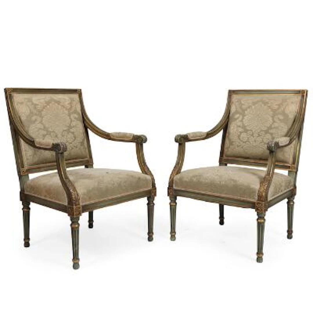 A pair of circa 1900 Louis XVI style painted and partly gilt wood