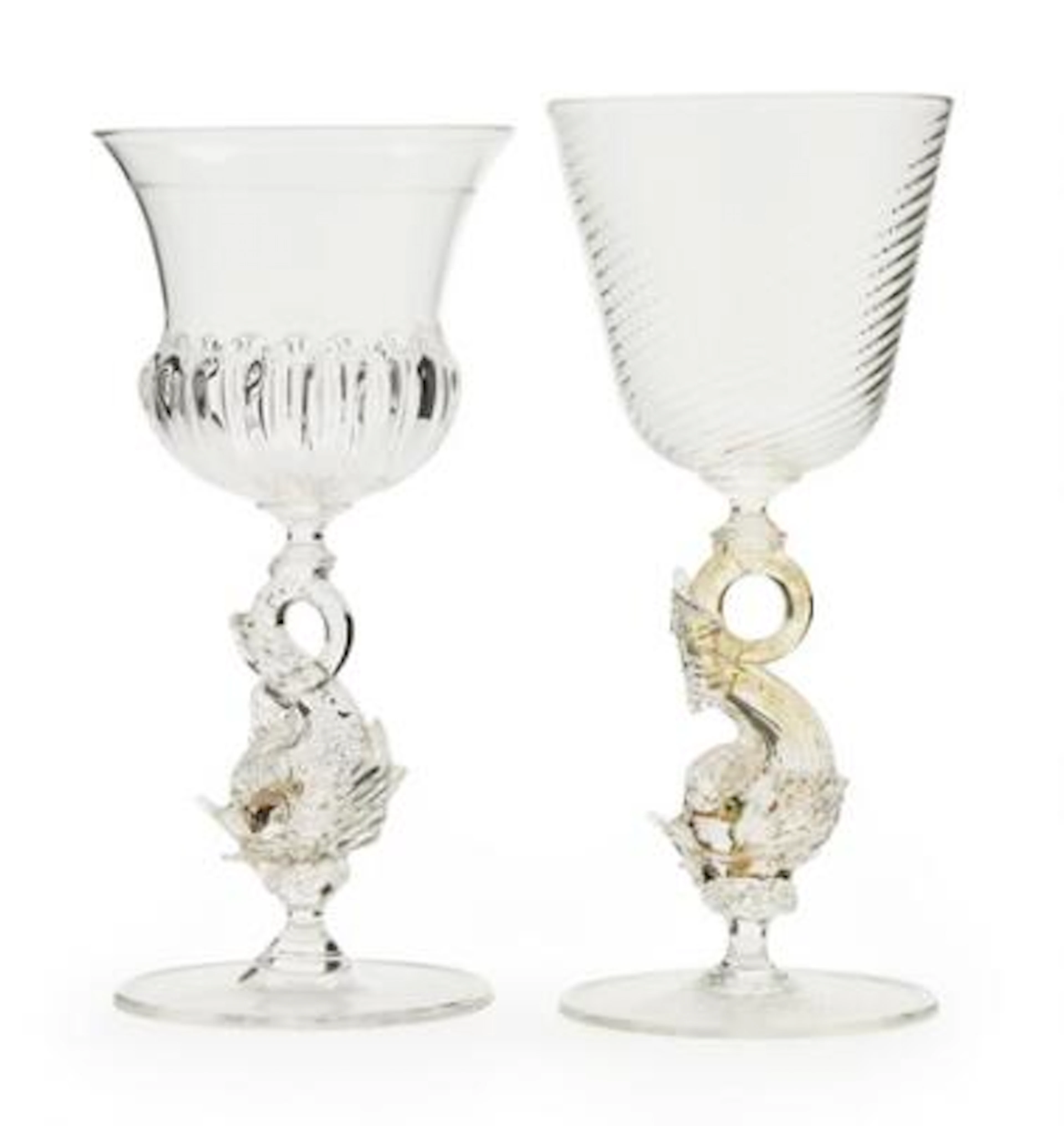 Tobias Møhl: Two clear glass wine glasses. Stems with fish decor inlaid