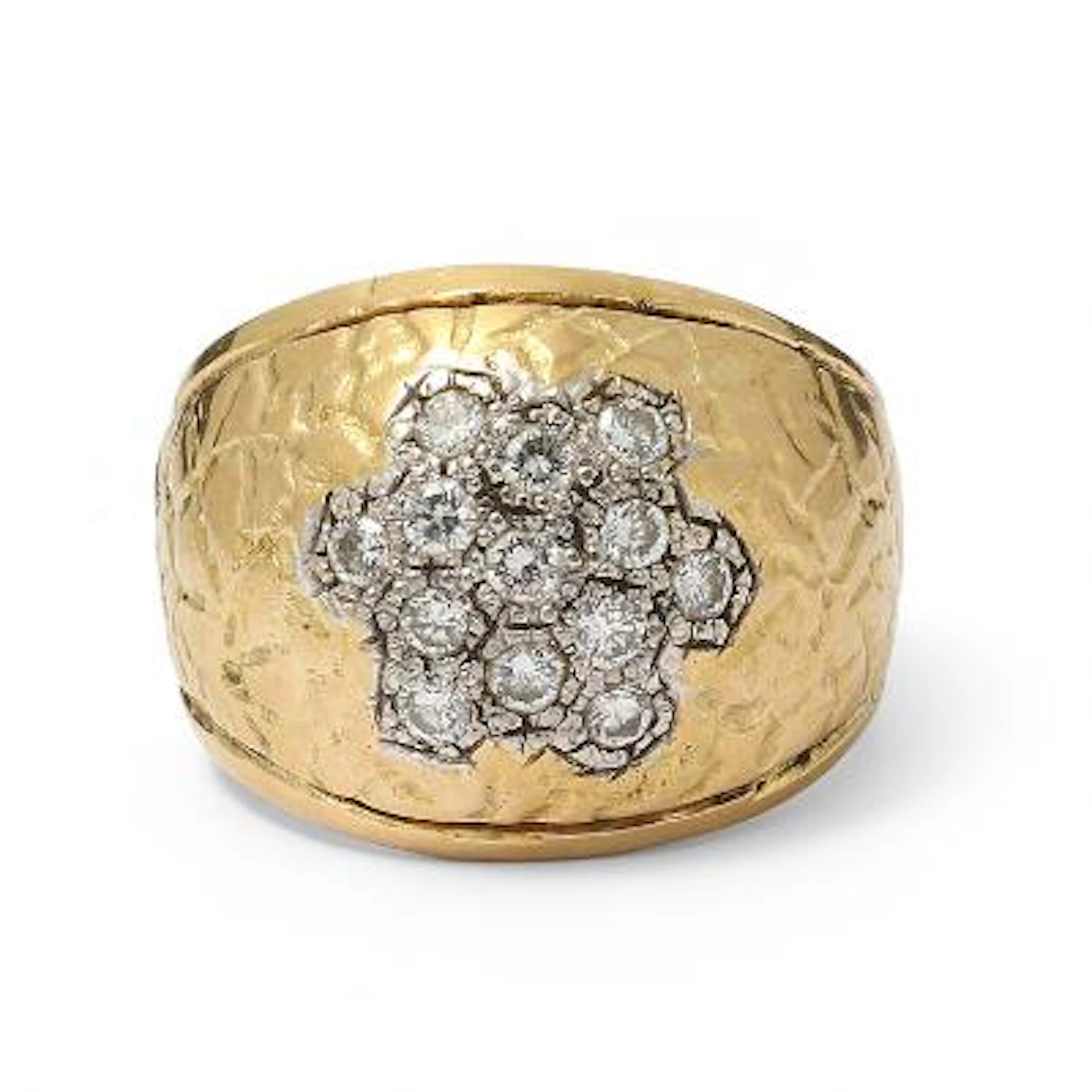 A diamond ring set with numerous diamonds, mounted in 14 and 18k gold