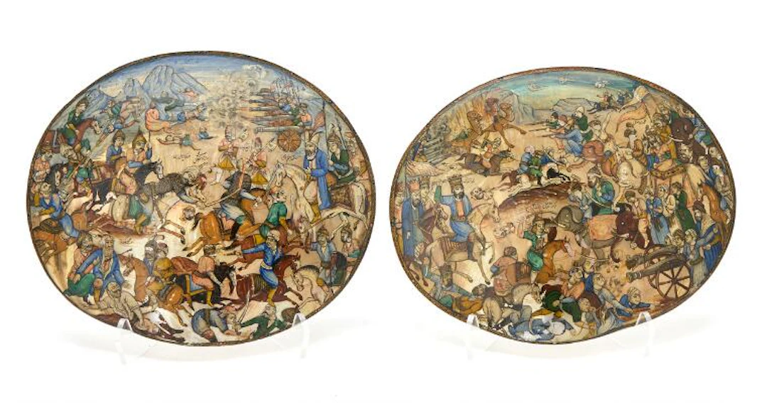 A pair of Iranian miniature paintings executed on mother-of-pearl