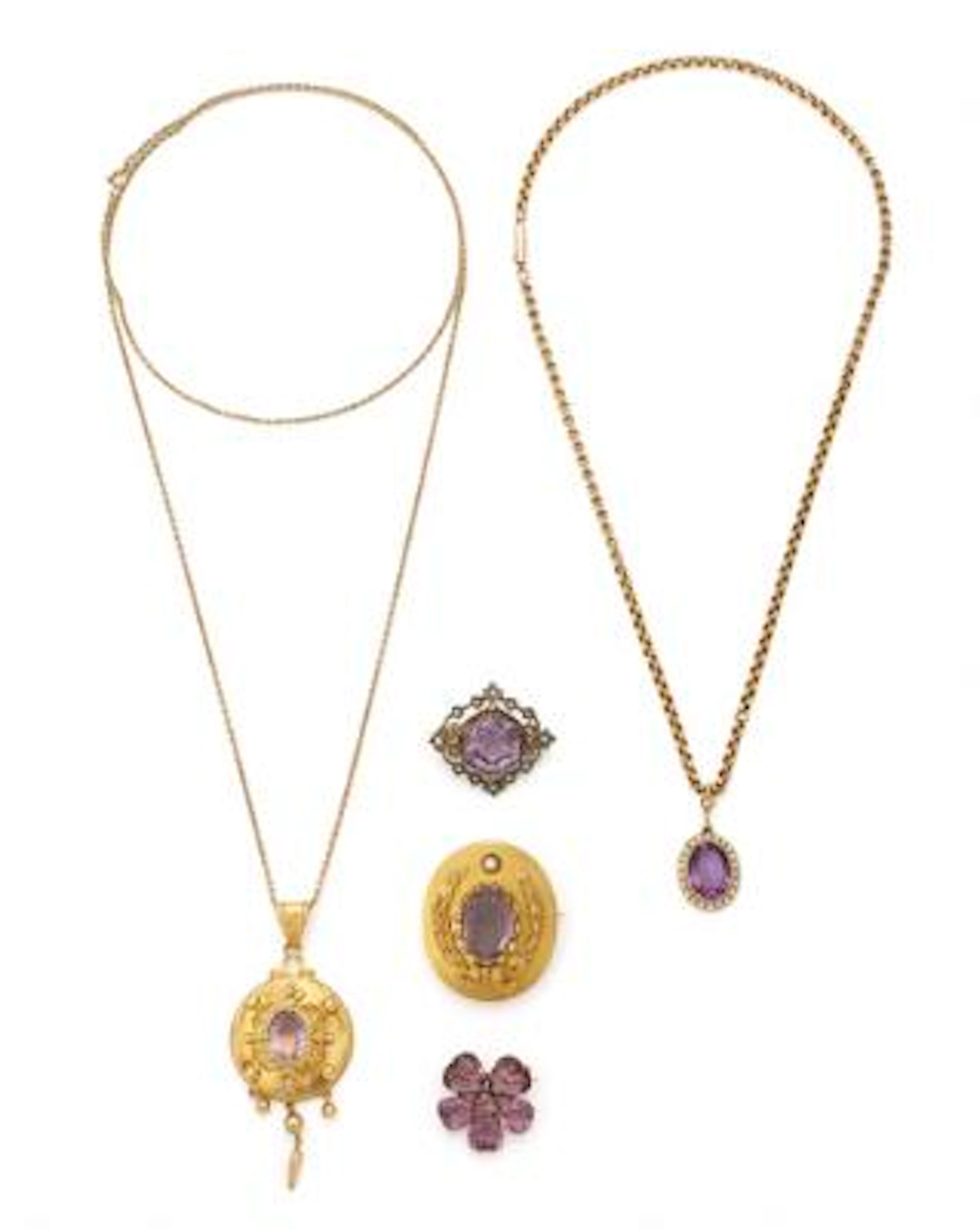 A collection of jewellery set with syntetic amethysts and seed pearls