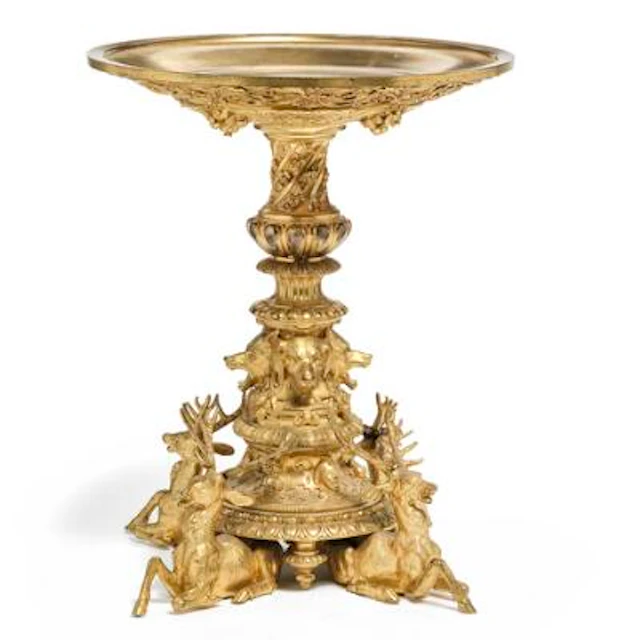 A French centerpiece of gilded bronze with hunting motifs. Late 19th