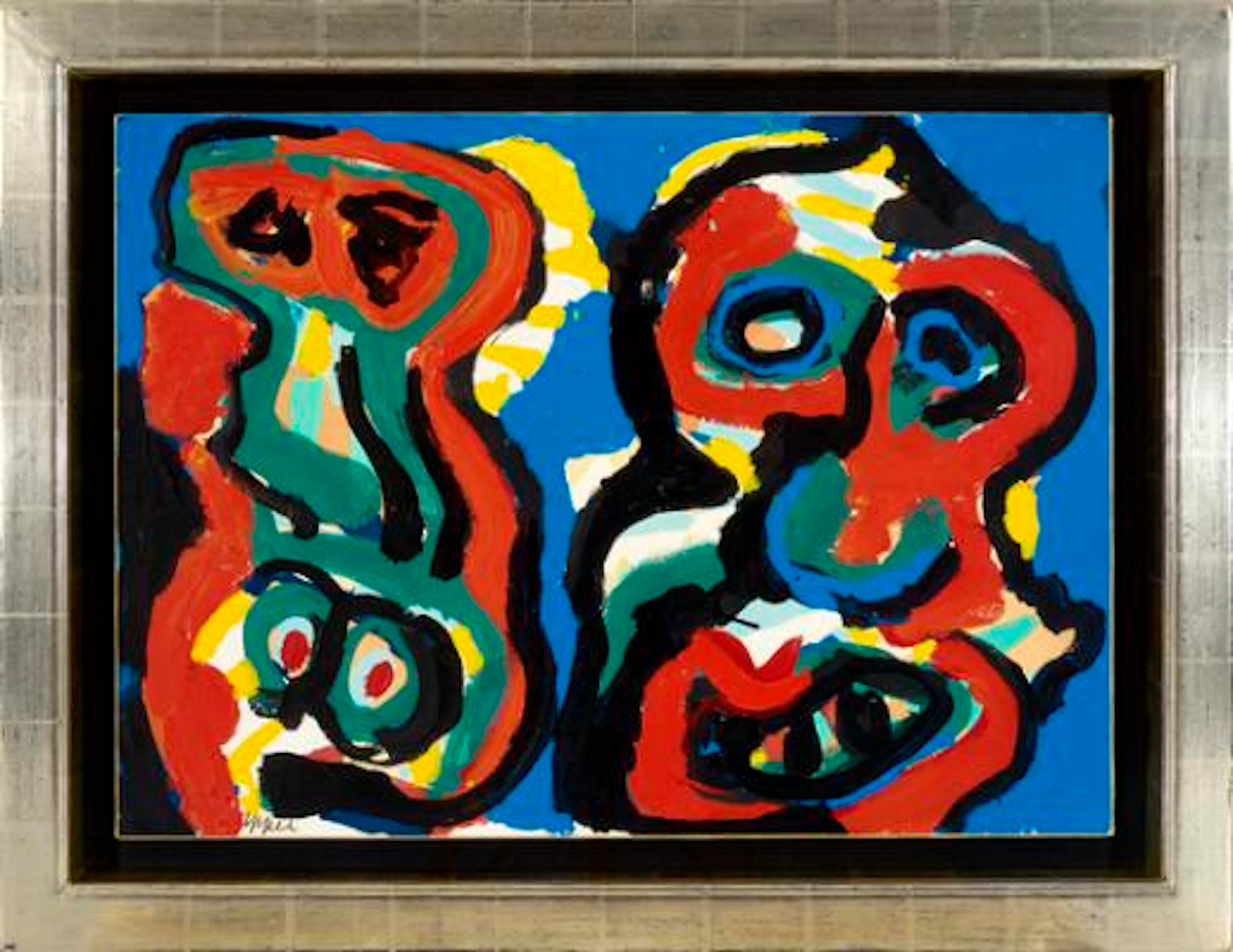 Karel Appel: "Deux personnages". Signed Appel. Acrylic on paper laid
