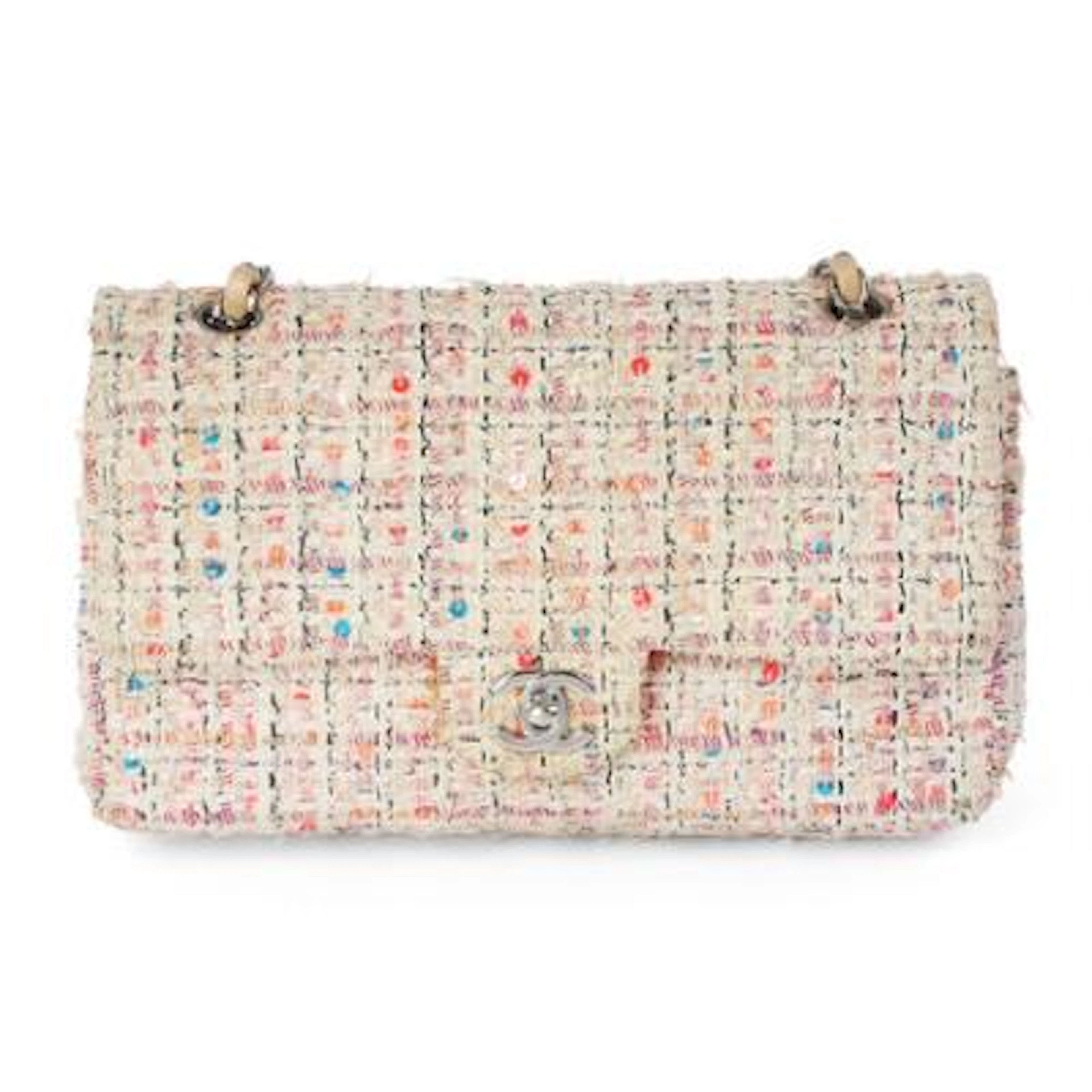 Chanel: A "Classic Double Flap" bag of beige, light pink and blue