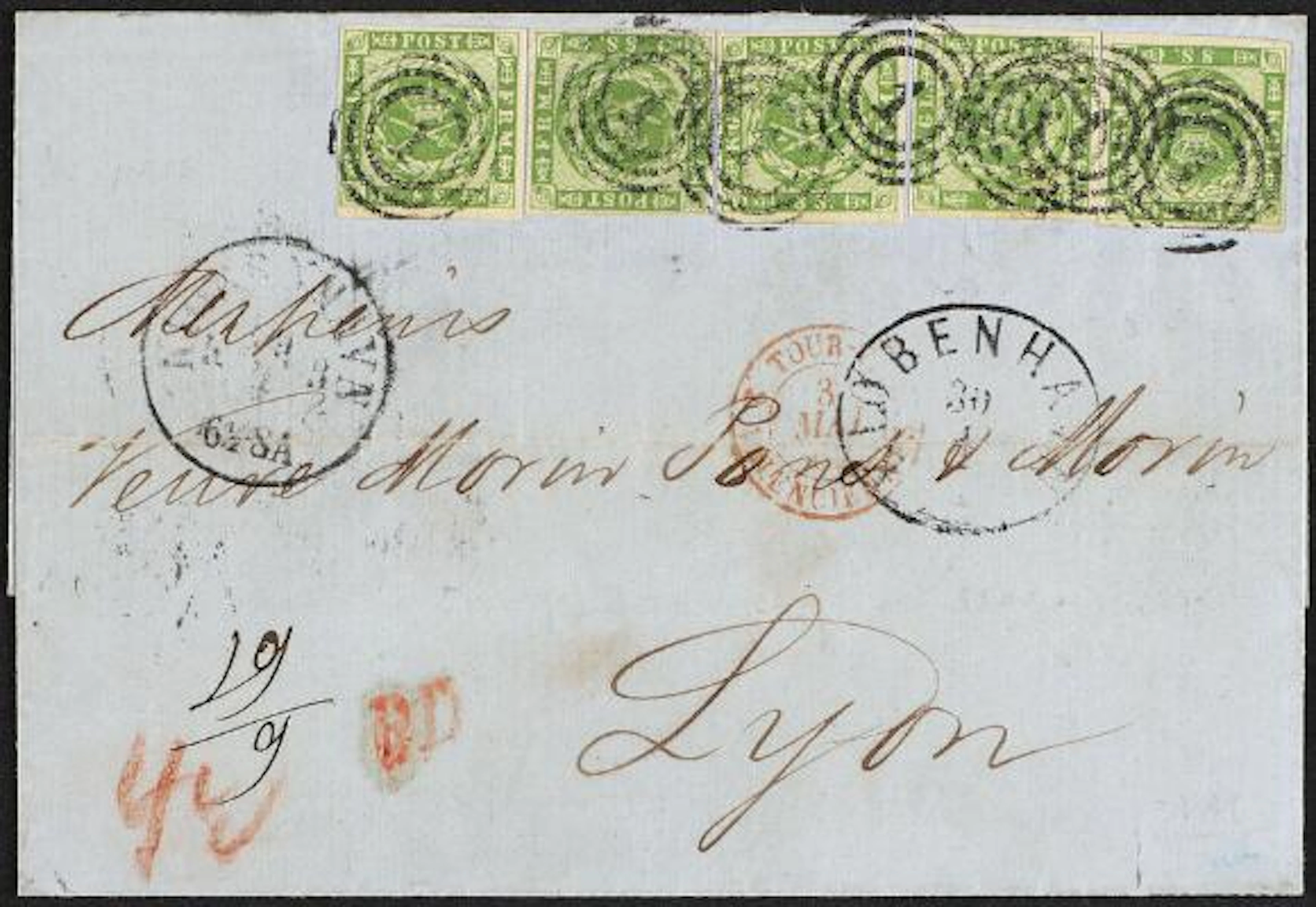 1858. 8 sk. green. 5 single stamps on cover to France 29.4.1862. Exceedingly
