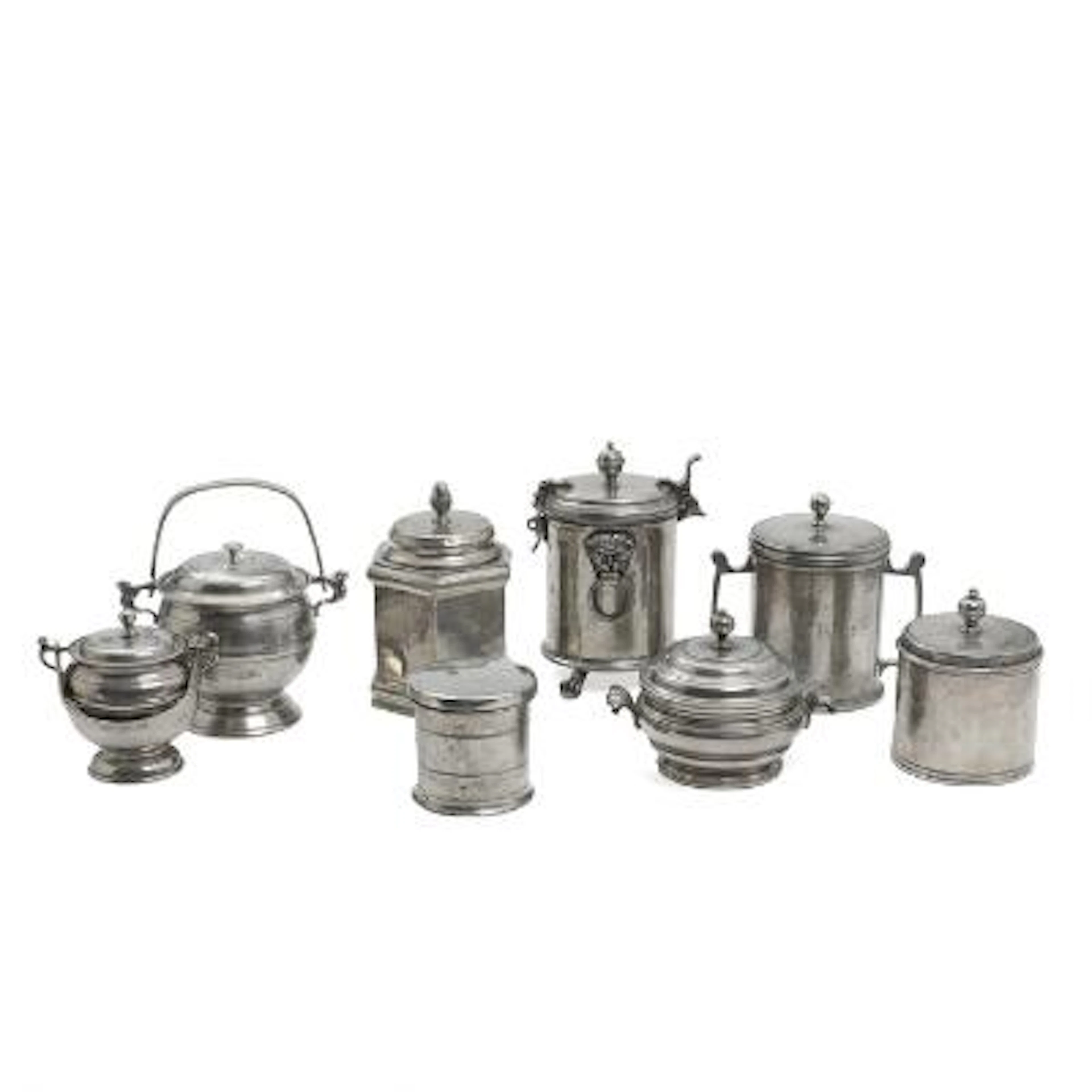 A seelction of pewter tobacco jars and food containers. Stamped. 19th-20th