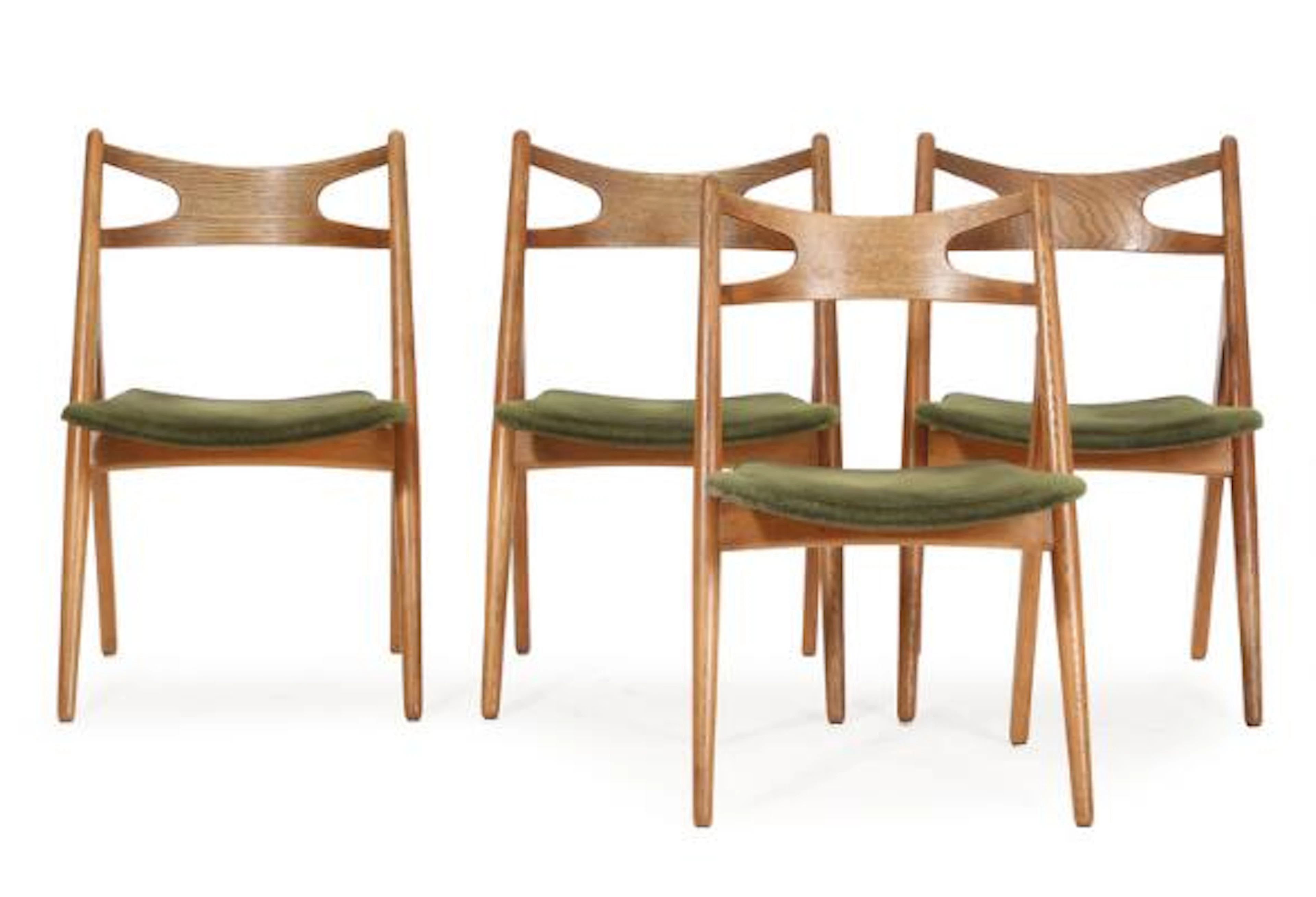 Hans J. Wegner: "Saw horse chair". Four oak side chairs, upholstered