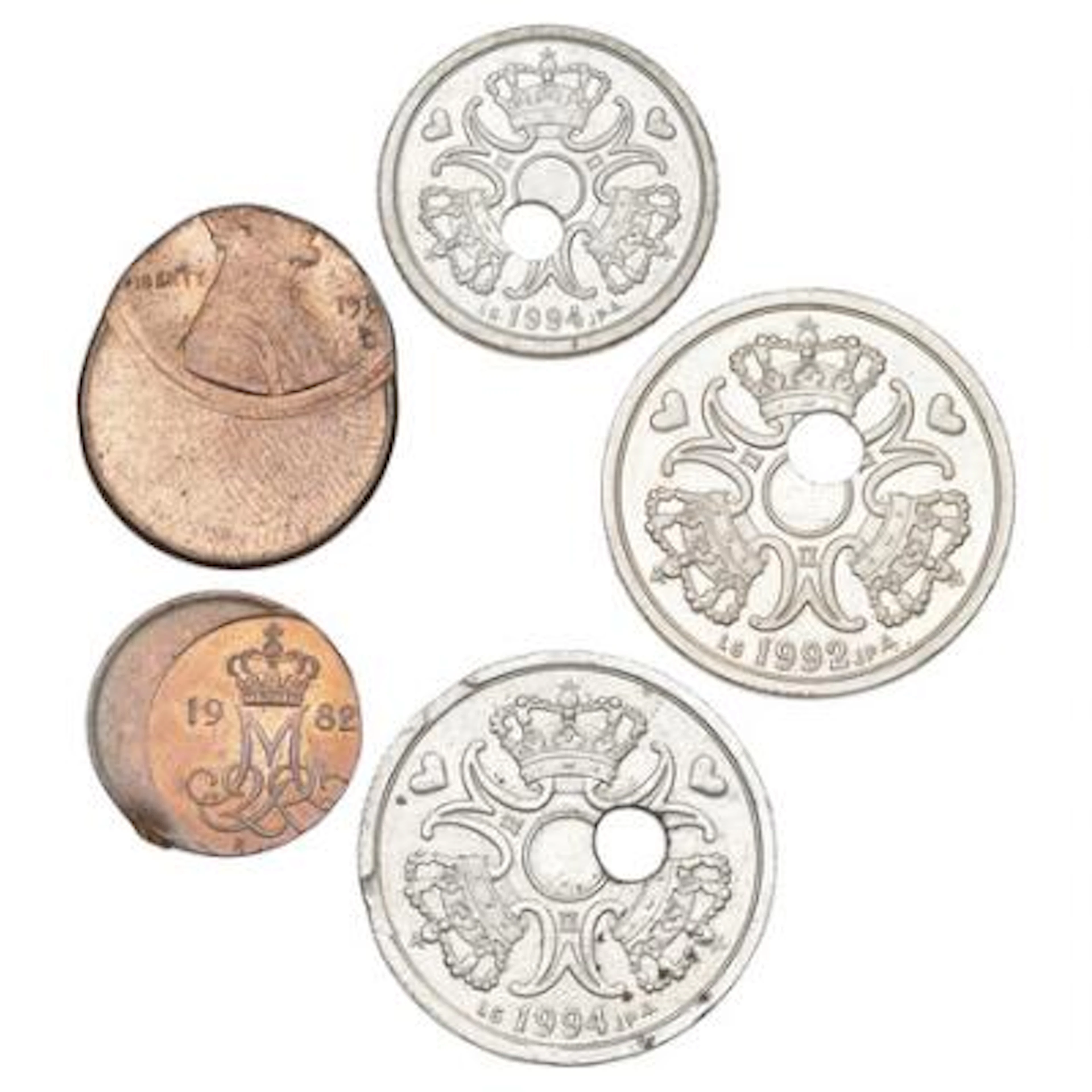 5 øre 1982 with "cap" error, 1 kr 1994 and 2 kr 1992 and 1994 with
