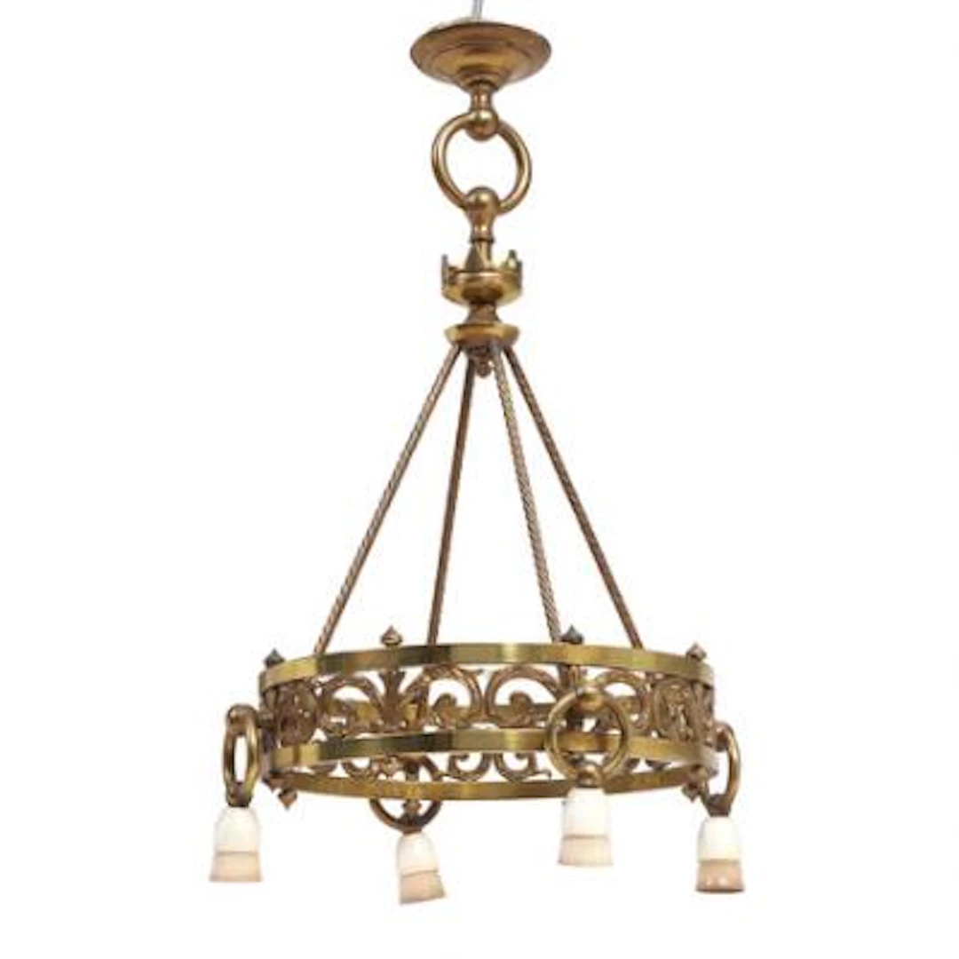Art deco ceiling lamp in brass, ring crown with four lamp holders
