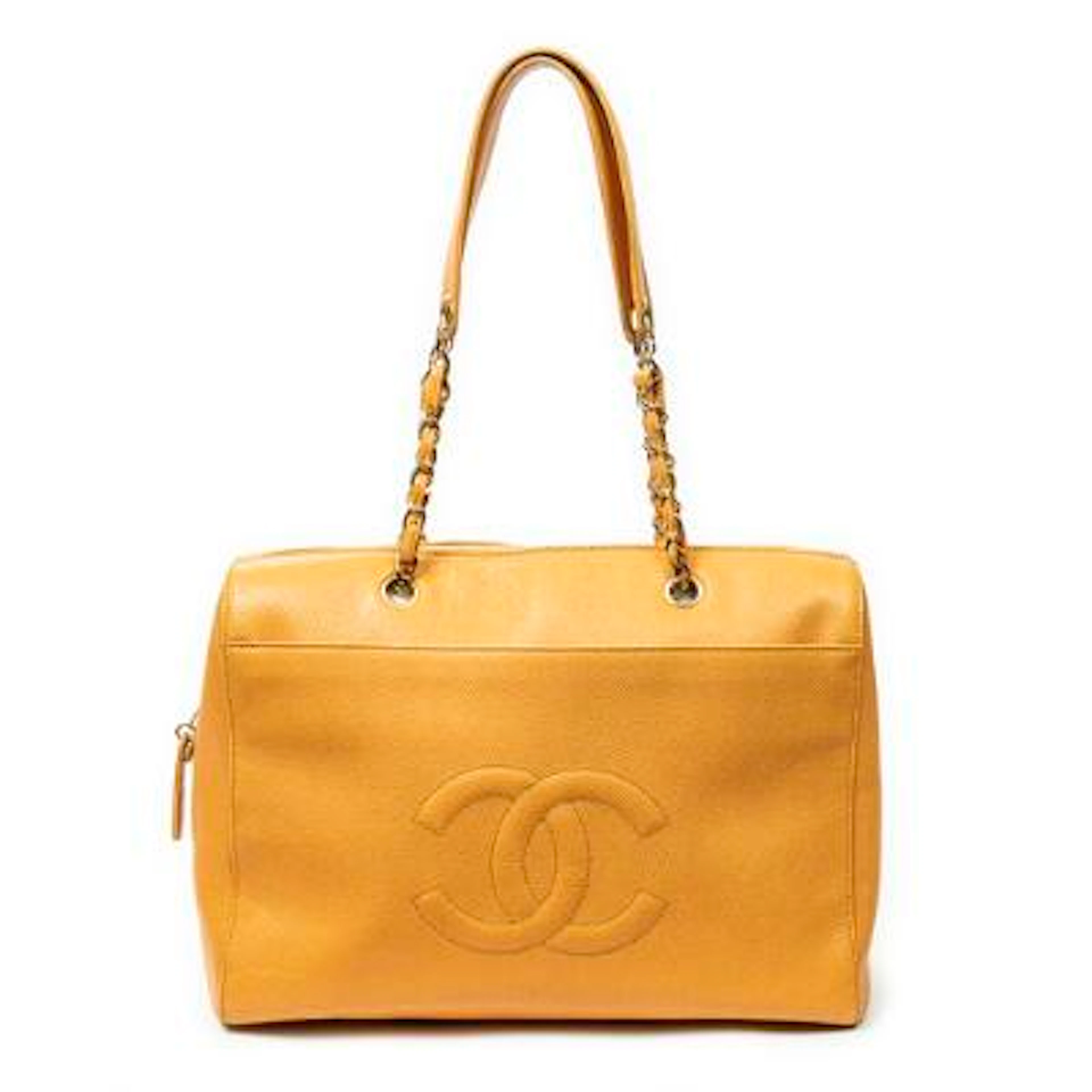 Chanel: A "CC Zip Boston Chain" tote bag of orange caviar leather