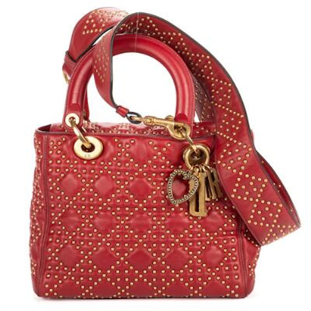 Christian Dior: A "Medium Studded Lady Dior Flap" of red Cannage-calf