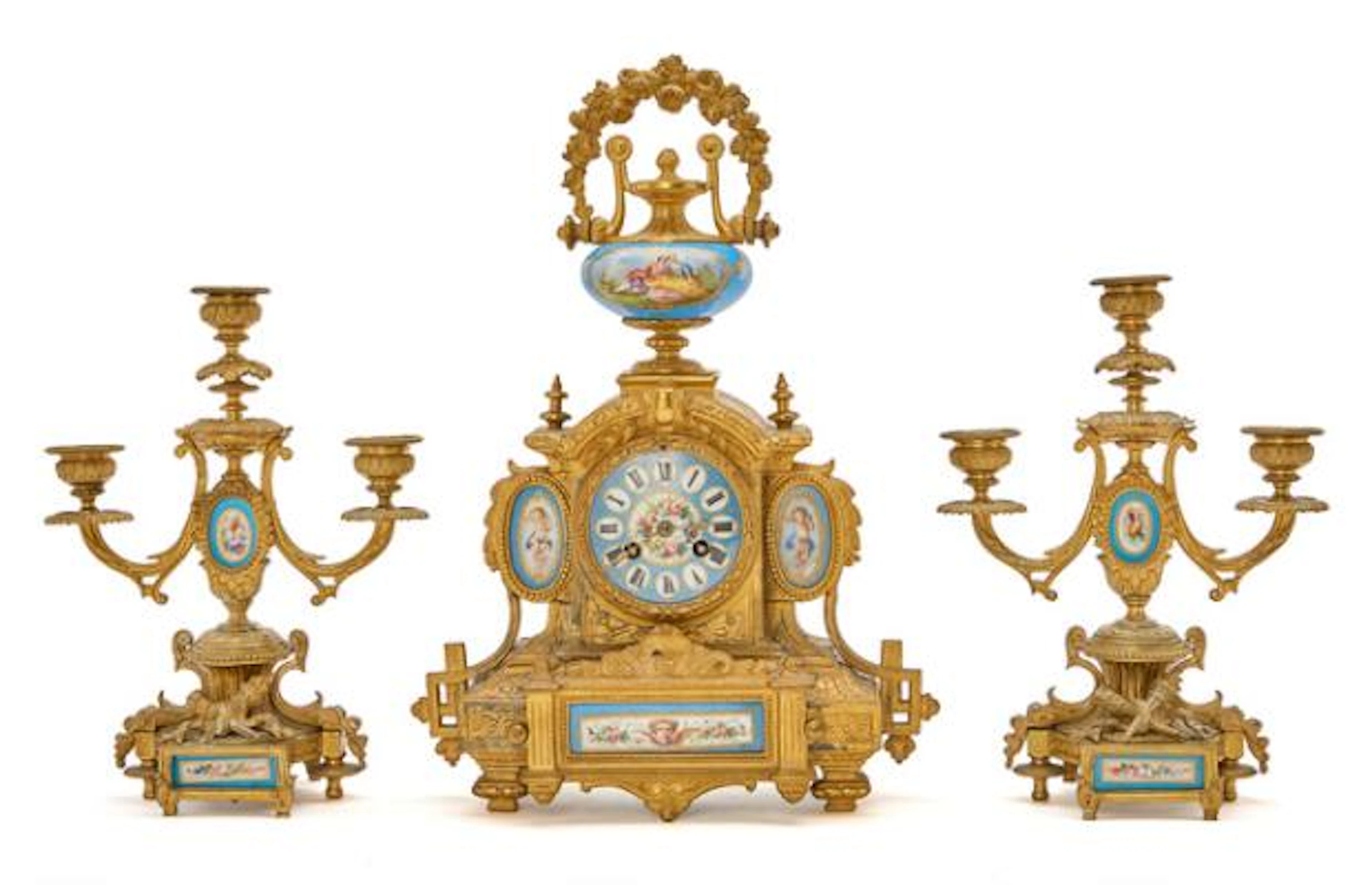 French mantelpiece garniture, consisting of a pair of candelabra and