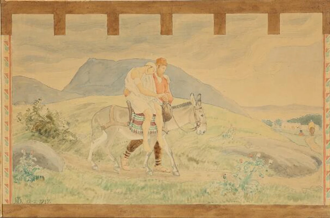 Niels Skovgaard: "The Good Samaritan". Signed monogram 1917. Pencil