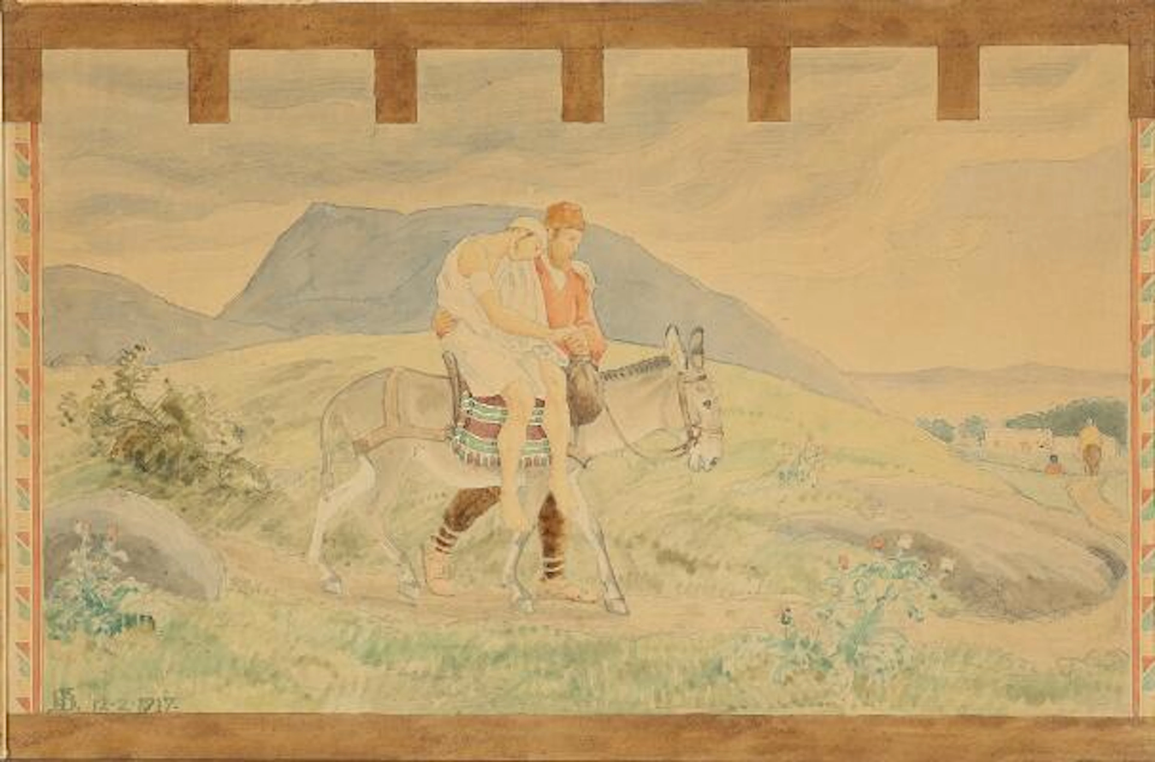Niels Skovgaard: "The Good Samaritan". Signed monogram 1917. Pencil