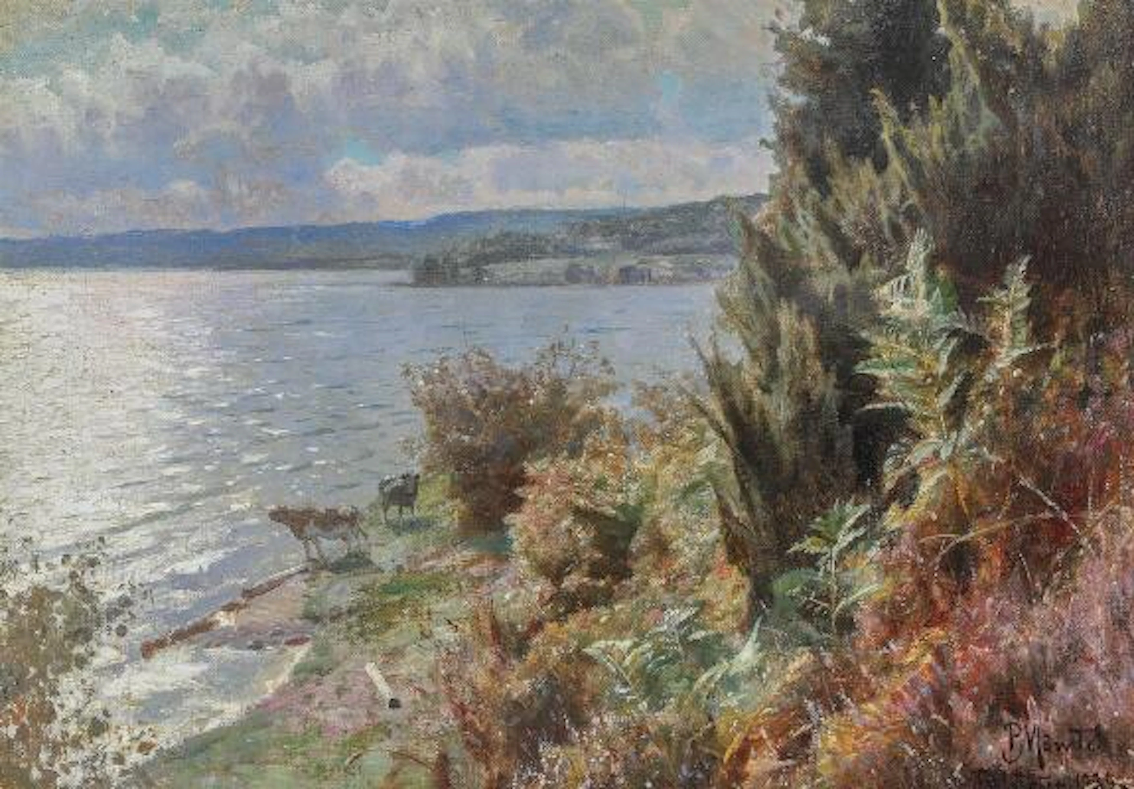 Peder Mønsted: Scenery from the lakes near Silkeborg. Signed. Oil