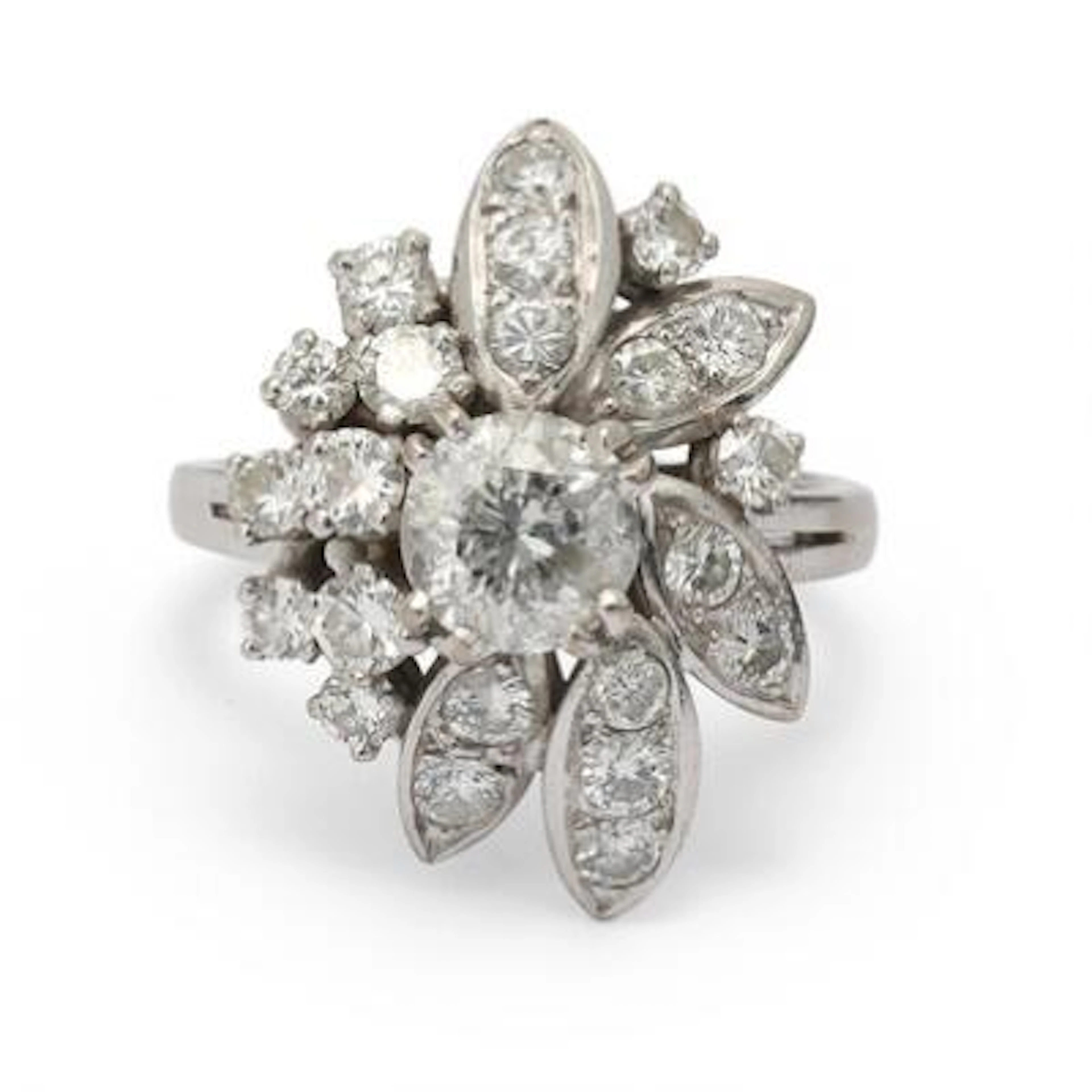 A diamond ring set with numerous brilliant-cut diamonds, mounted in