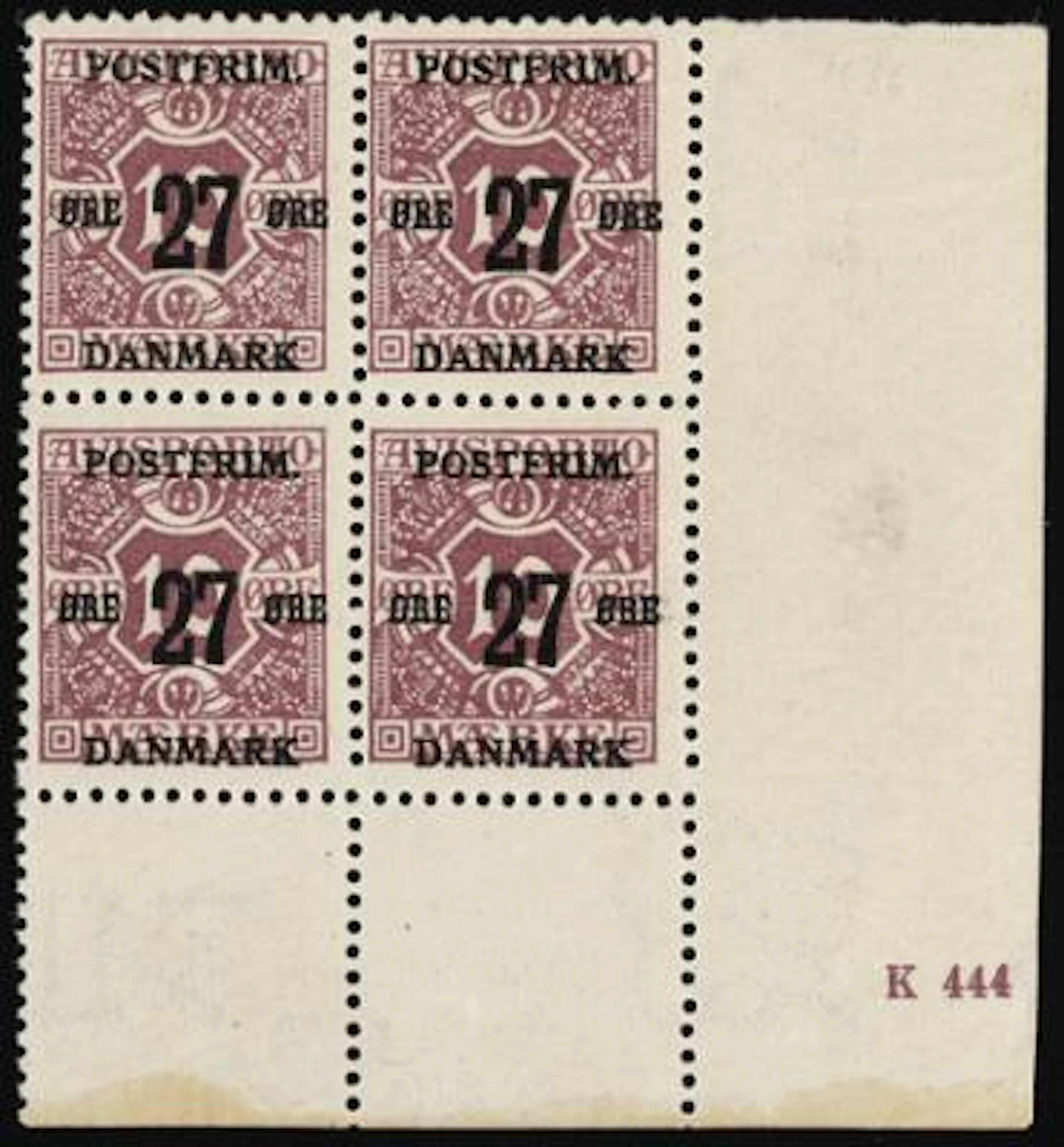 1918. Surcharge. 27/10 Øre, violet. Perf. 12 3/4, wmk. Crown. Never