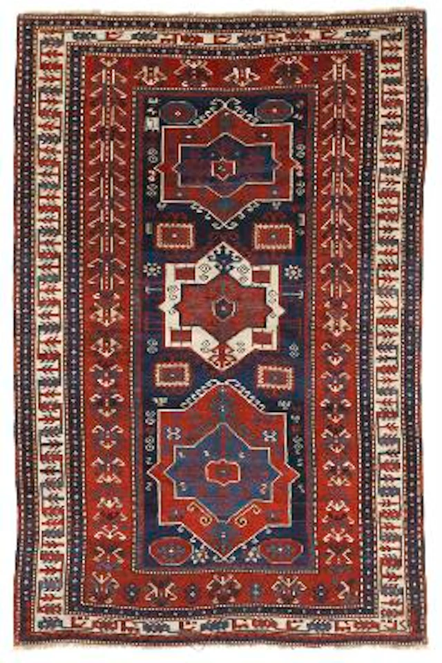 A dated tribal Kasak rug, Caucaus. Design with three geometrical medallions.