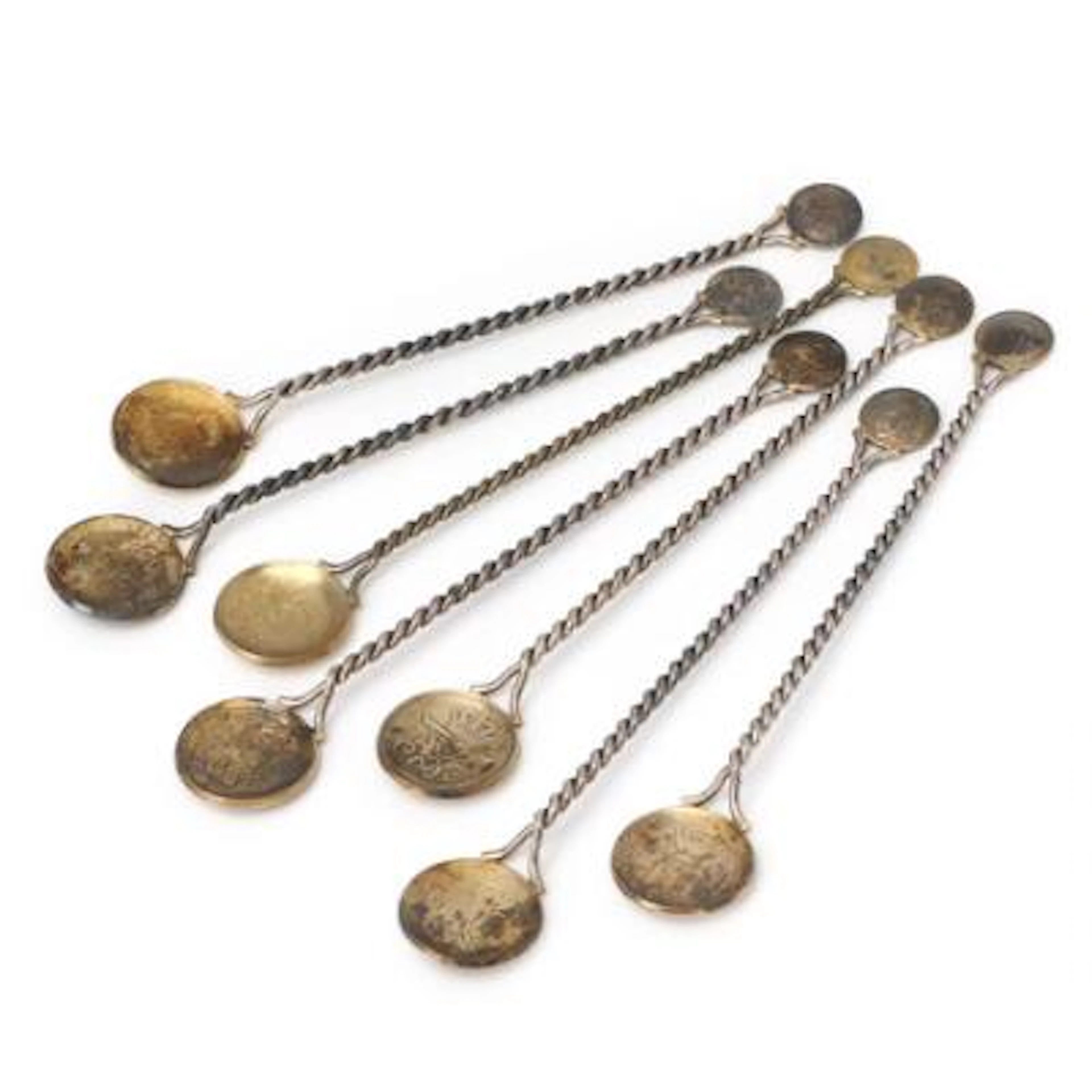 Box with collection of spoons with Danish, Norwegian and Swedis coins