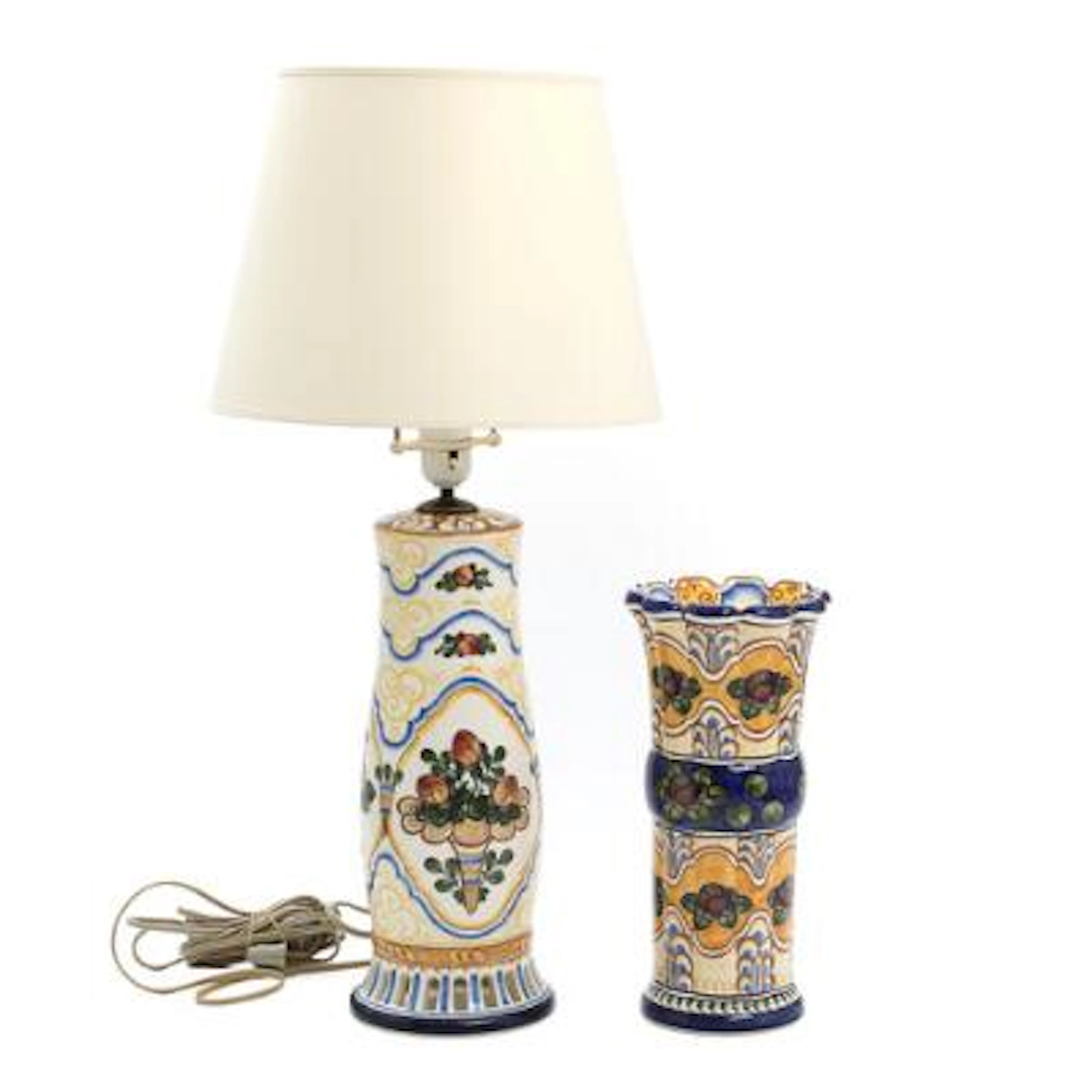 Chr. Joachim: Aluminia faience vase and table lamp. H. 31 and 36 cm.