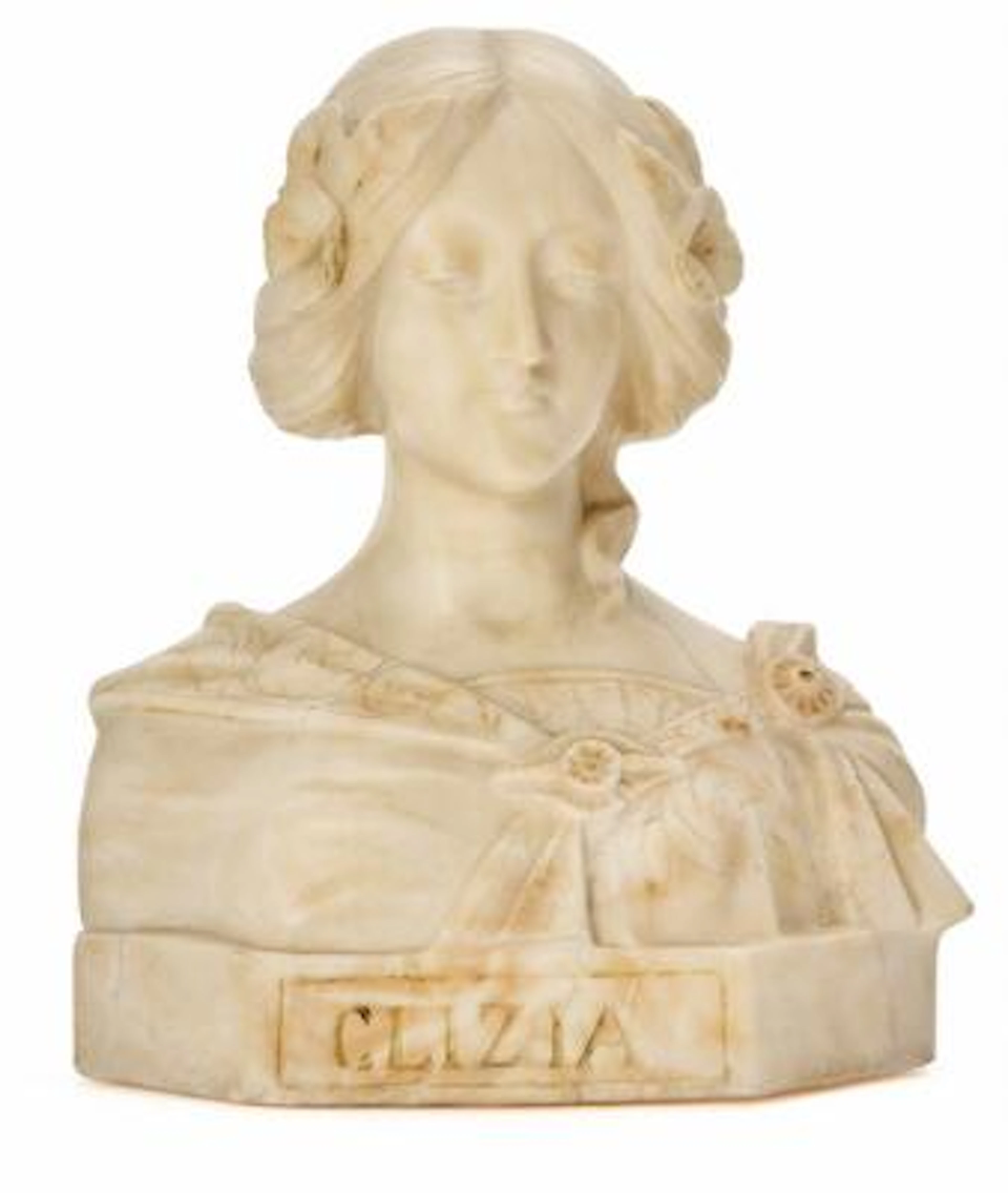 Art Nouveau alabaster bust entitled Clizia. Circa 1900. H. 26 cm.
