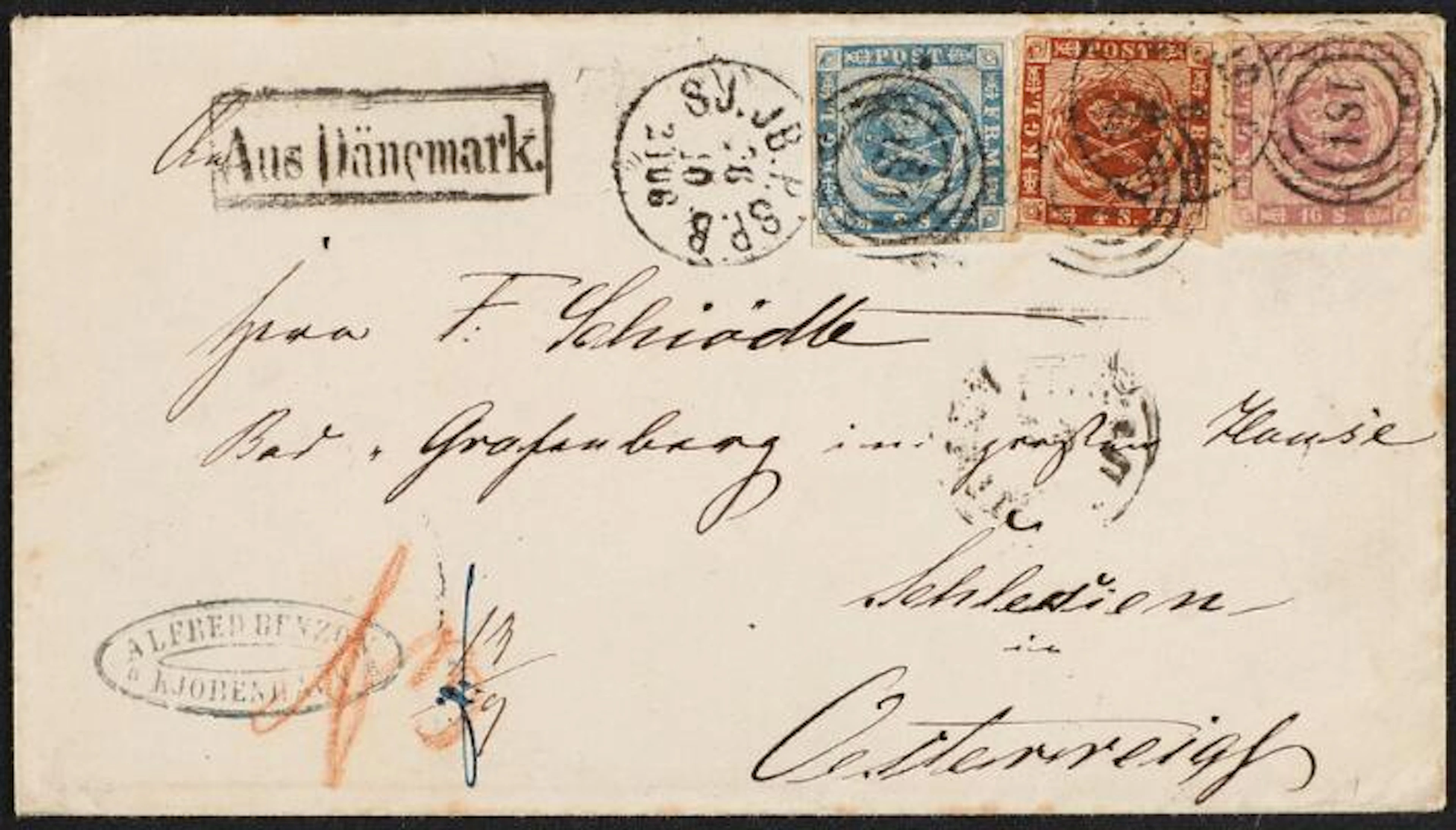 1855-1863. 16 Skilling, violet and 4 Skilling, brown. Rouletted and