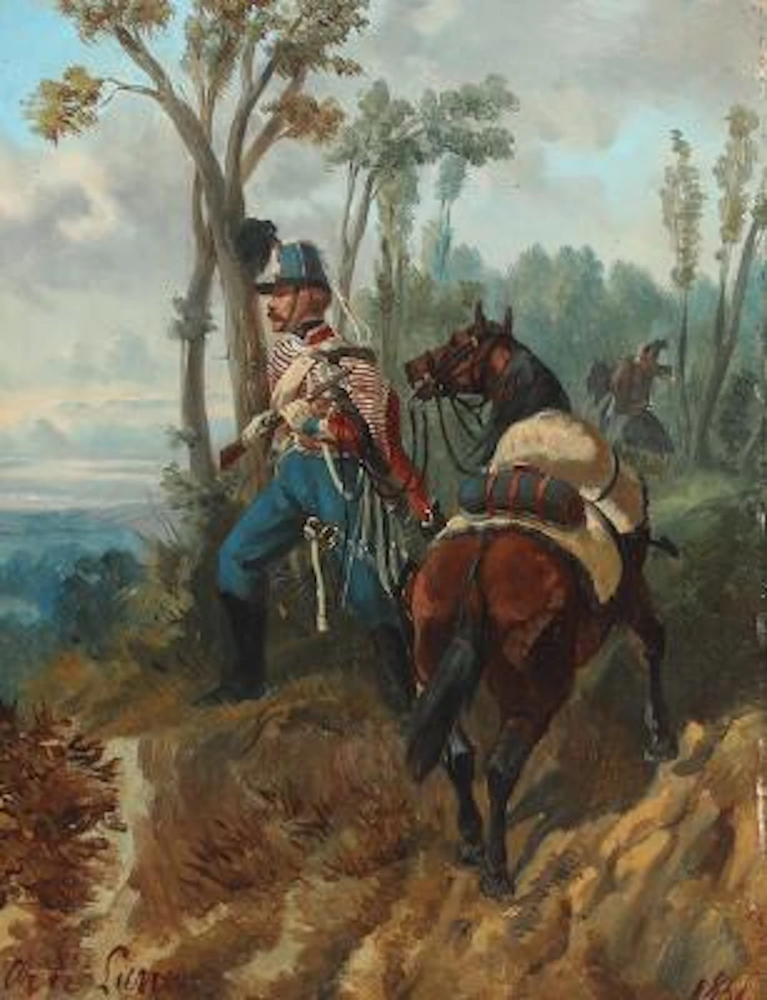 Charles de Luna: Soldier with his horse on guard. Signed and dated.