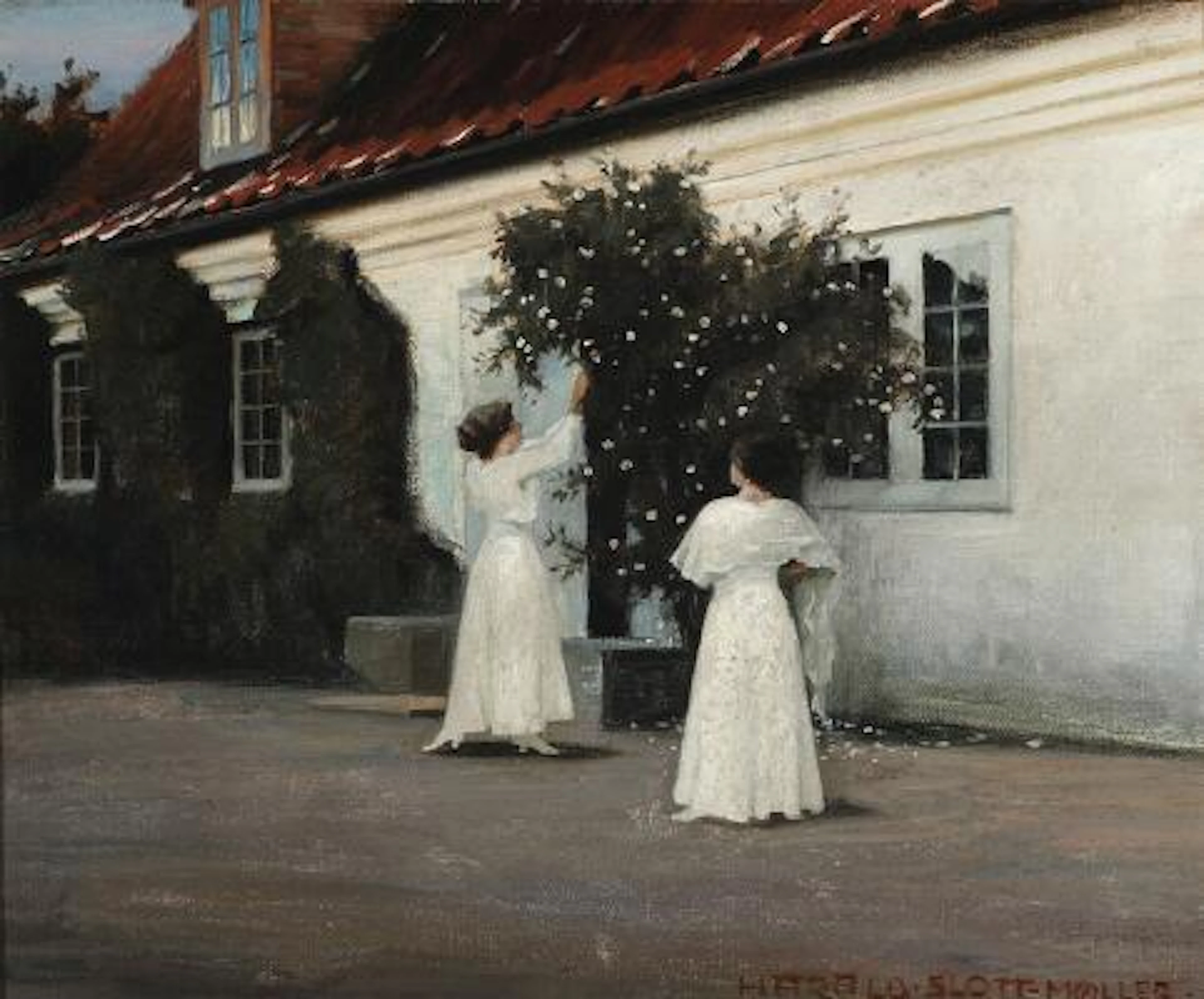 Harald Slott-Møller: White roses. Signed Harald Slott-Møller. Oil