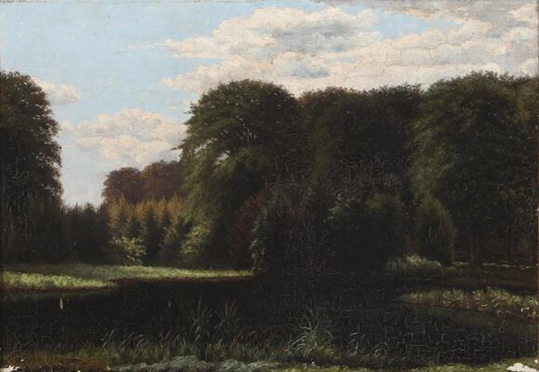 Hedevig Winther: Forest scenery with sunlight. Unsigned. Oil on canvas.