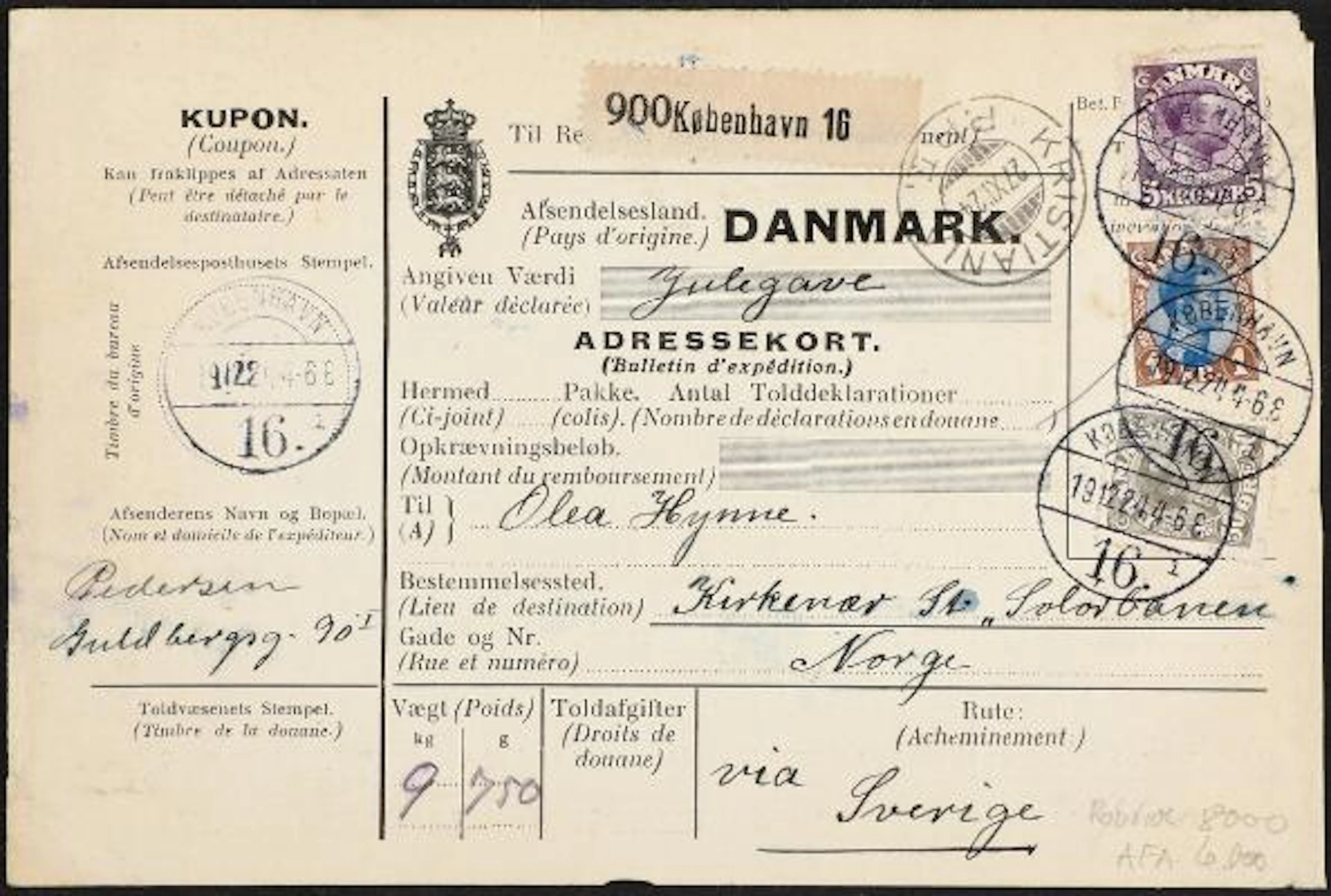 1918. Chr.X, 5 kr. red-lilac, 50 øre, grey and 1 kr. brown/blue on