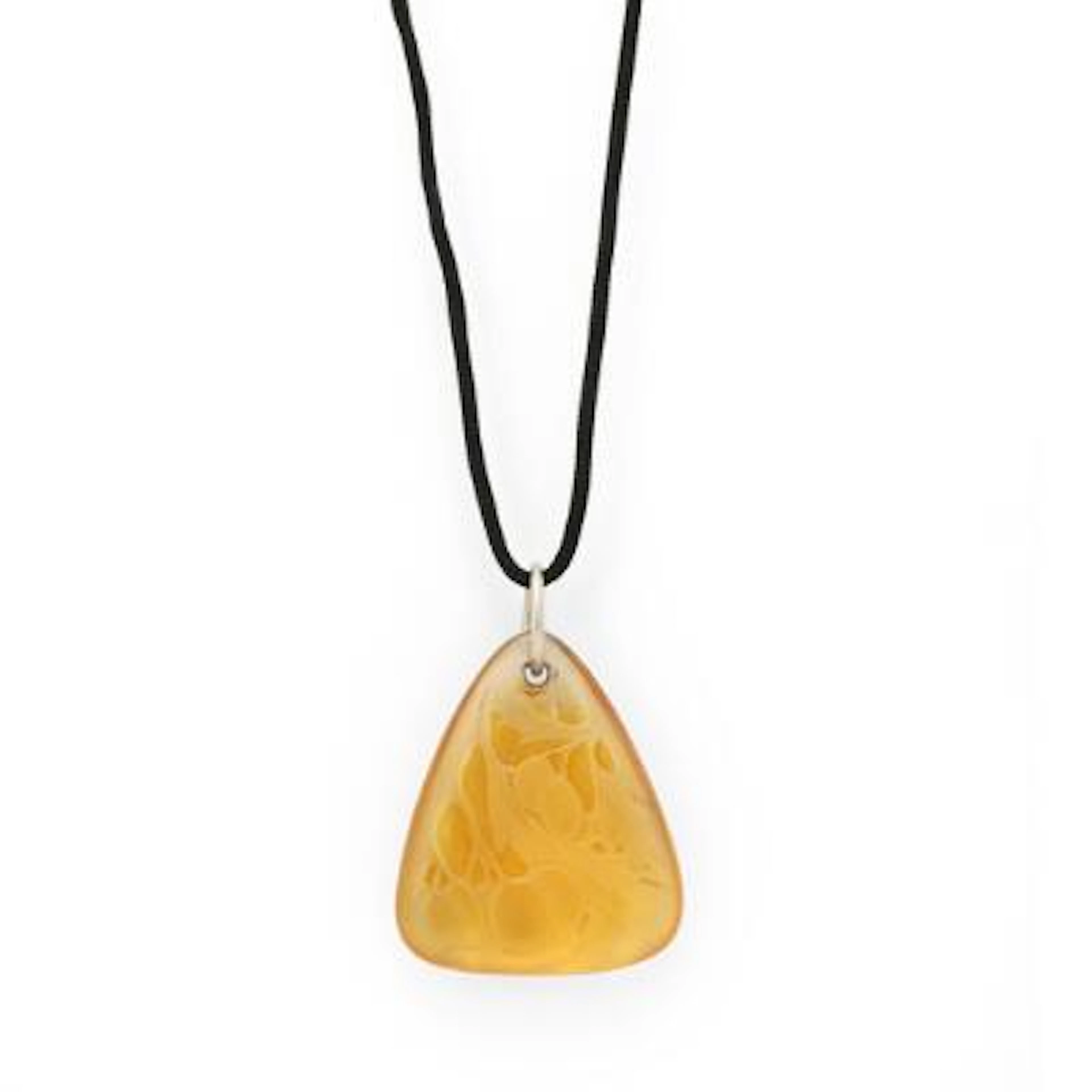 Lalique: A necklace of black string and silver with a glass pendant