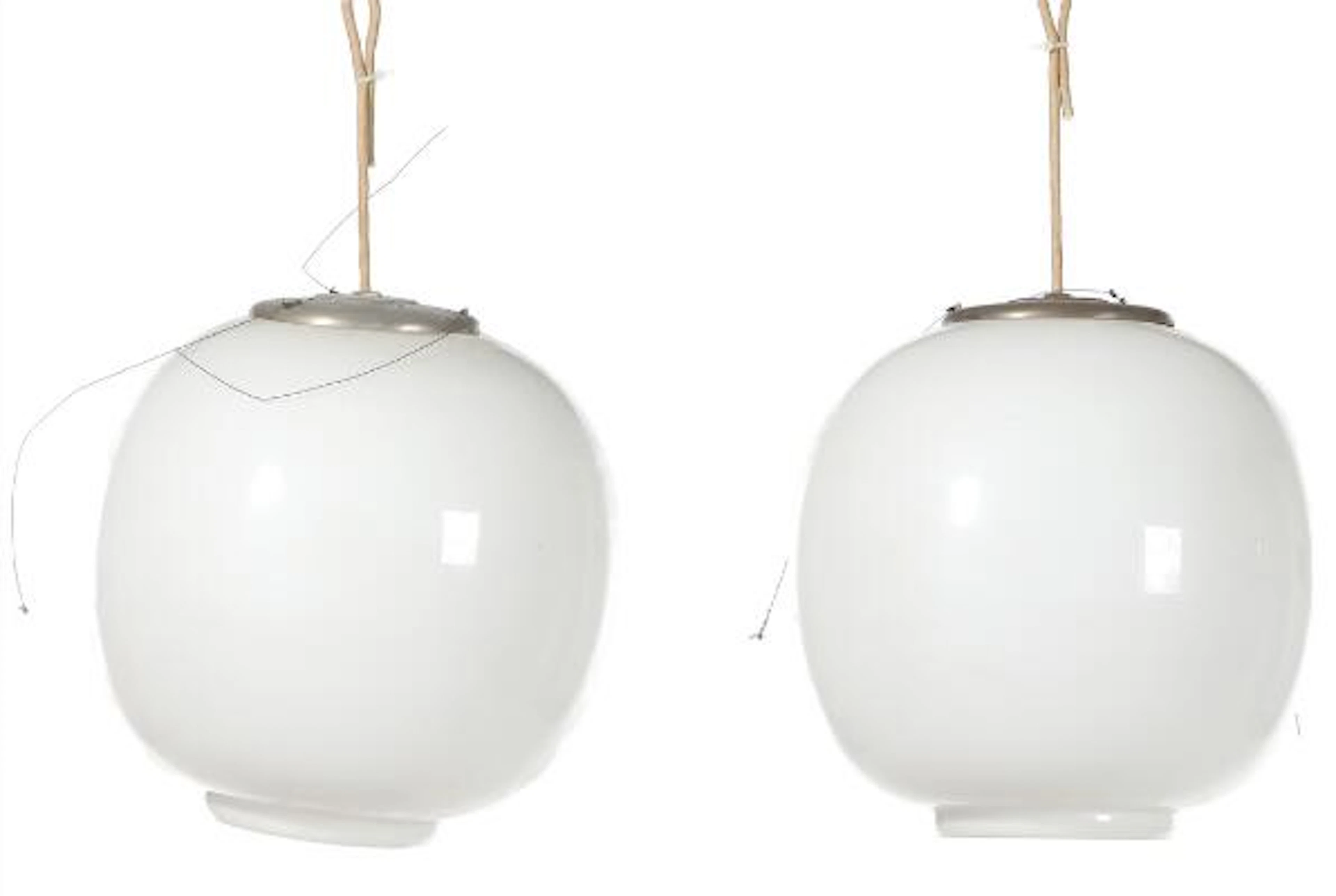 Vilhelm Lauritzen: A pair of pendants with opal glass shade, nickled