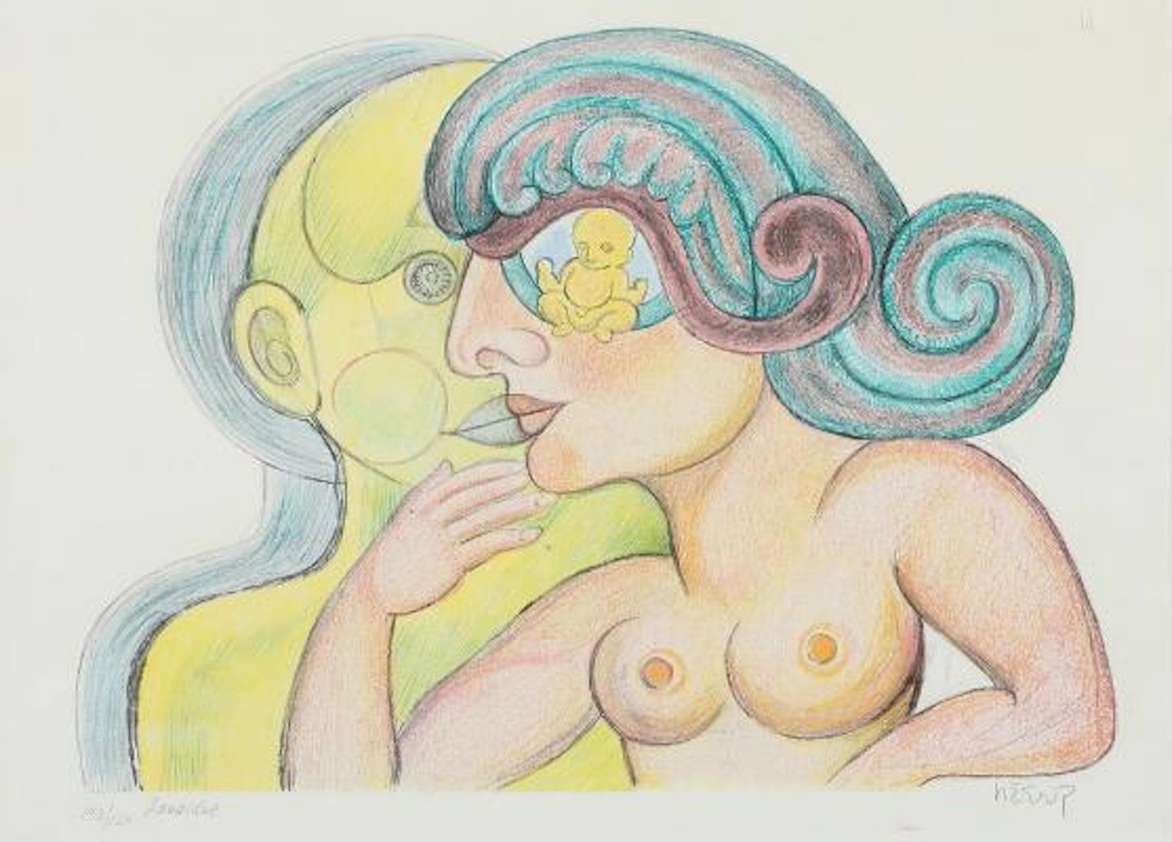 Henry Heerup: "Forældre". Signed Heerup, 133/150. Lithograph in colours.