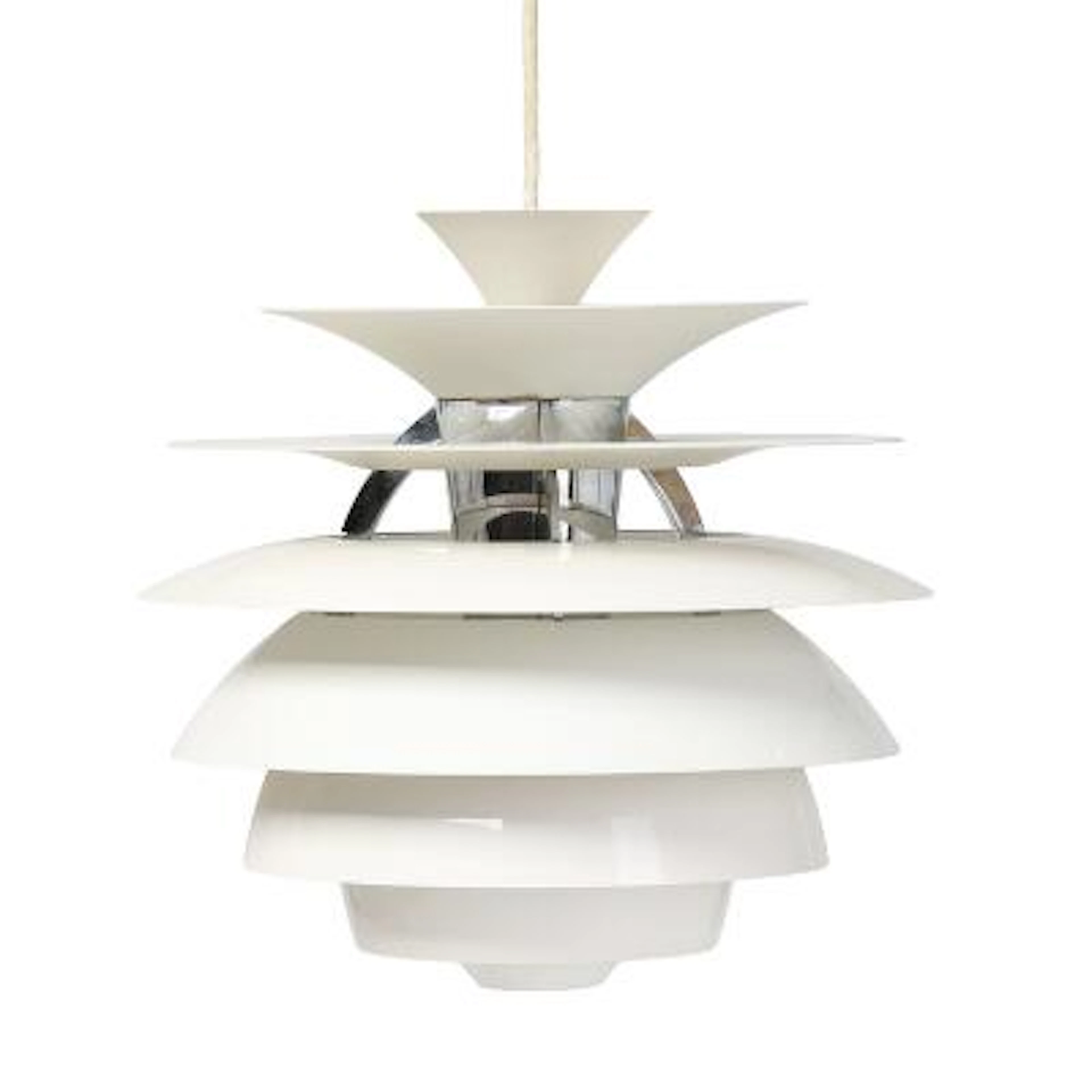 Poul Henningsen: "Snow ball". Pendant with white lacquered metal lamellas.