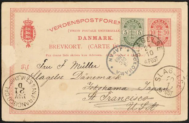 1884. 5 Øre, green on 10 øre stationery card. Sent from Slagelse 24.10.1889