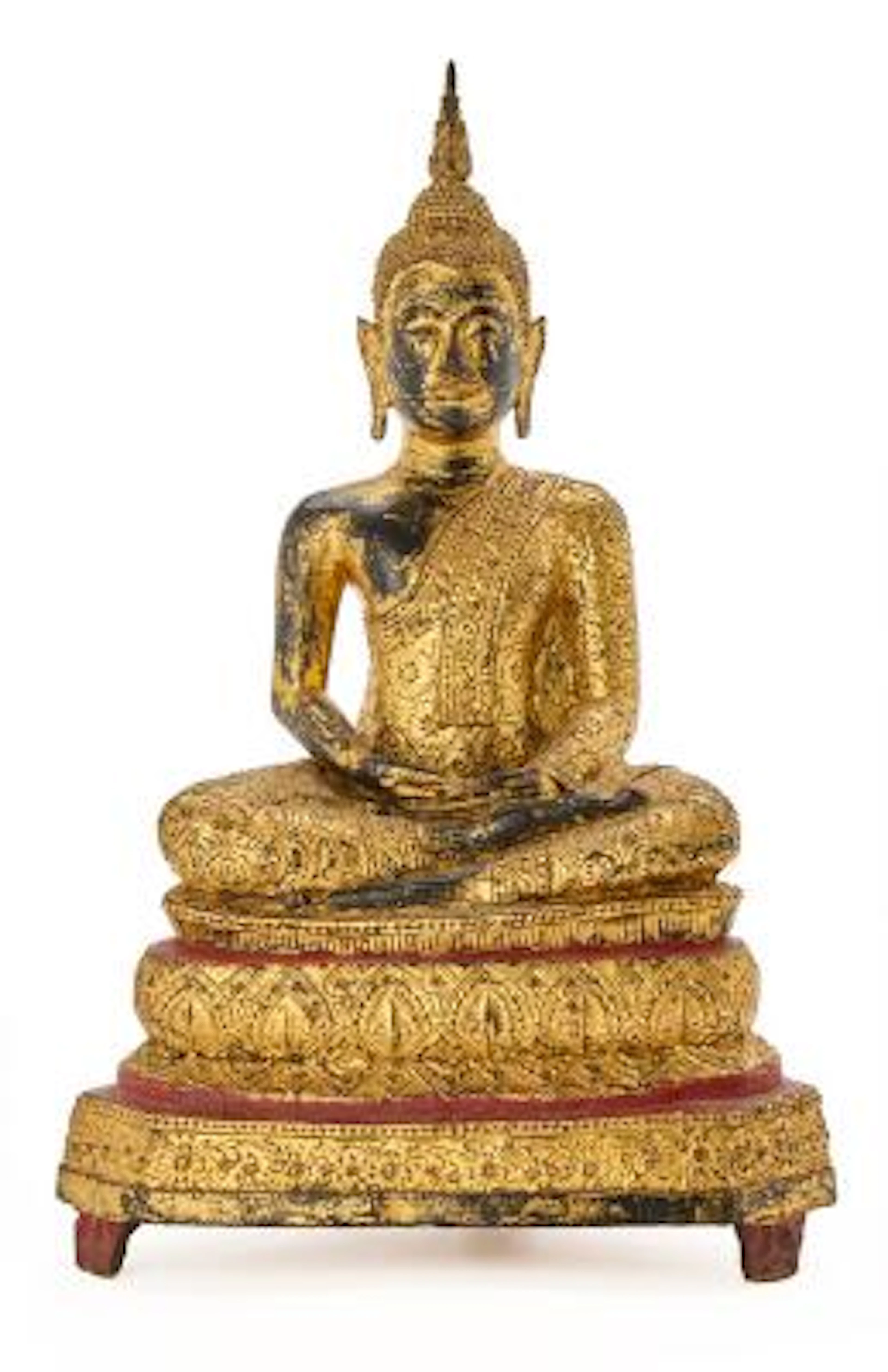 Buddha seated in meditative pose on throne, gilt and partially painted