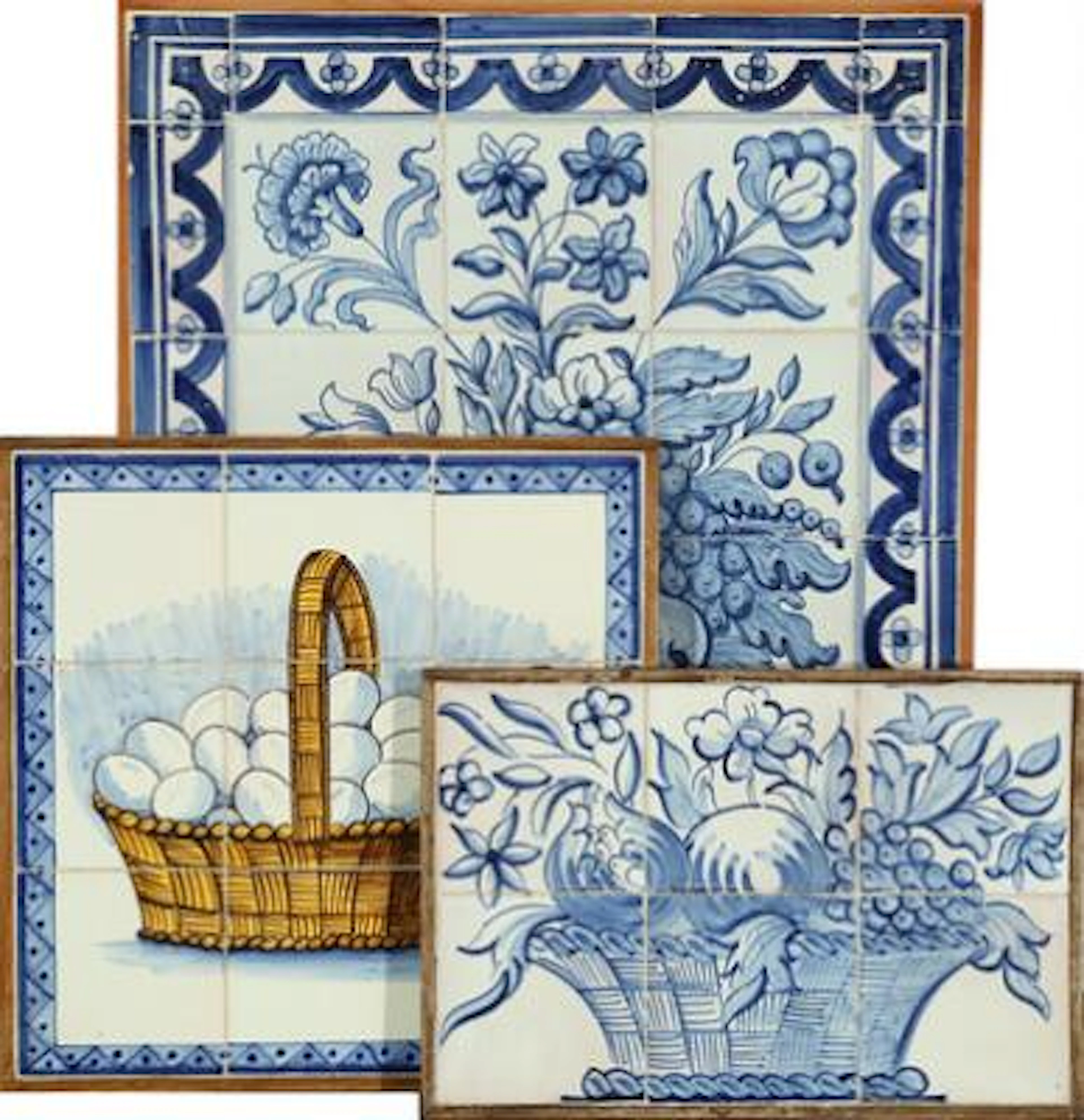 Three tile pictures, decorated in blue. Portugal 19th/20th century.