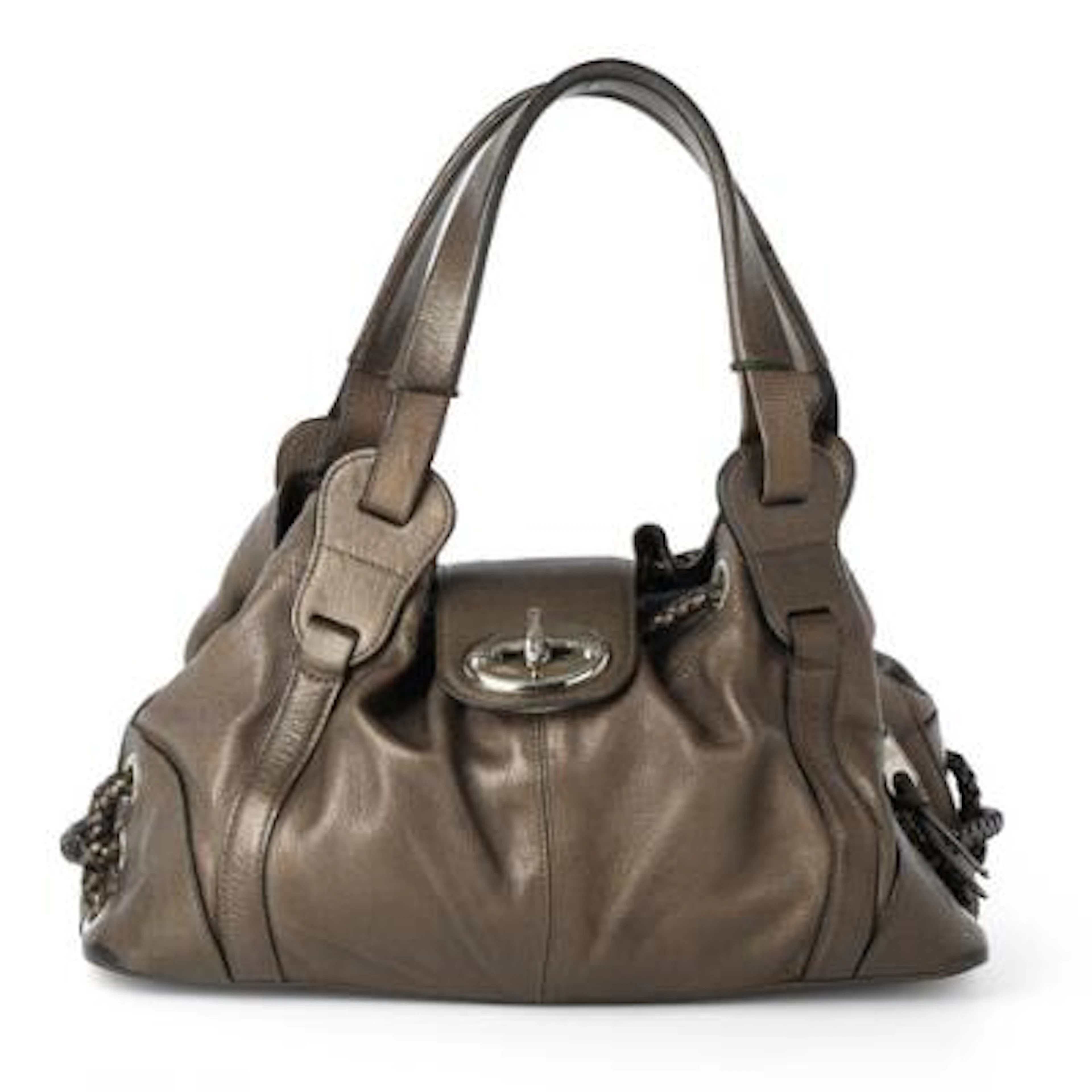 Mulberry: An "Agyness" bag of brown metallic leather with silver tone