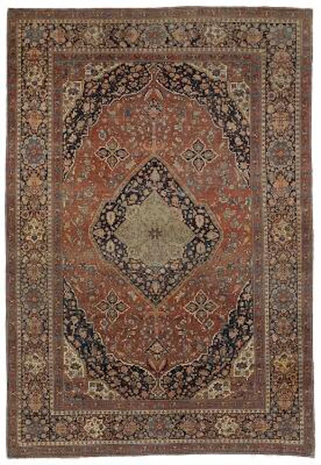 An antique Kashan Mohtasham carpet, Persia. Classical stylized medallion