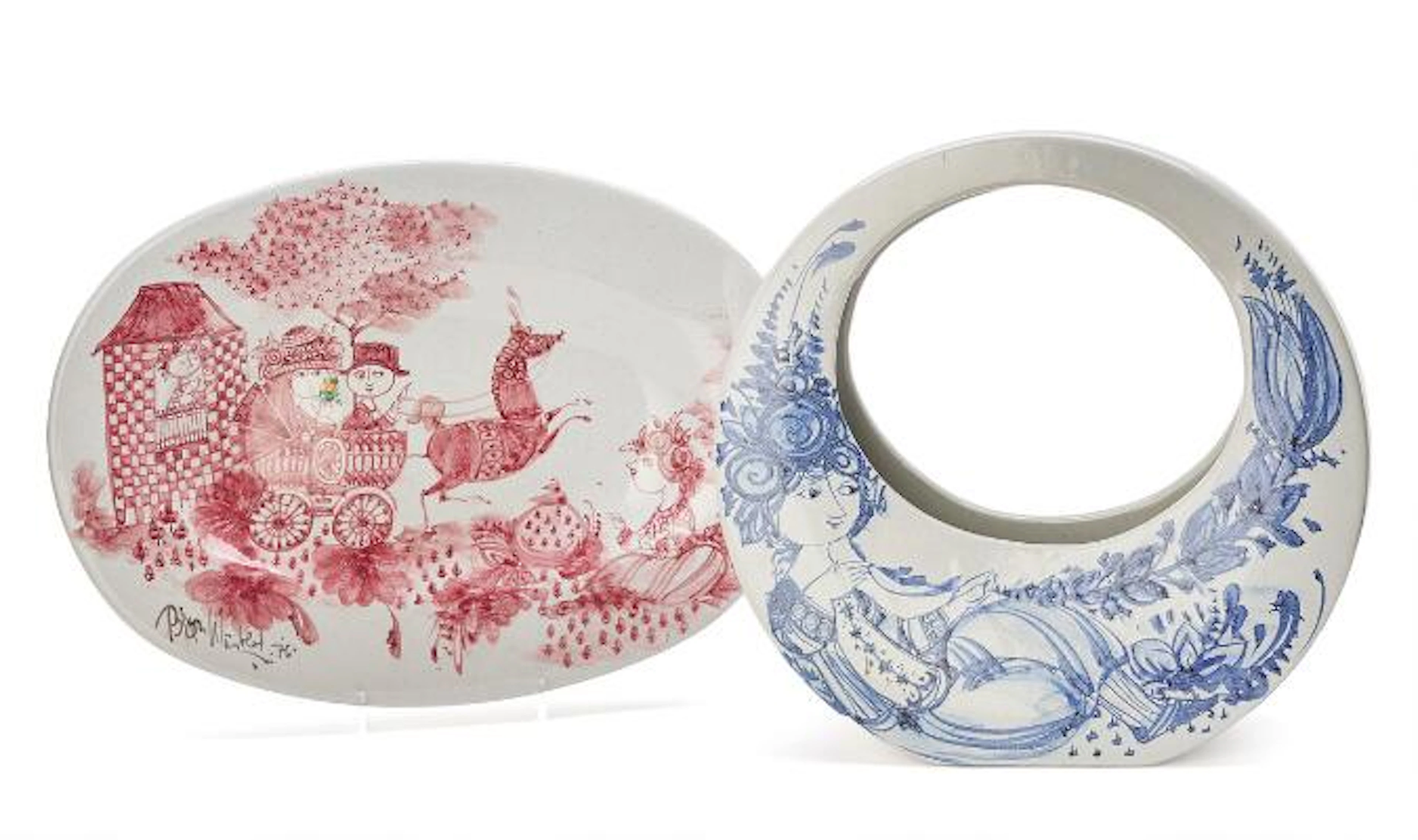 Bjørn Wiinblad: An oval dish and floral basket of earthenware. (2)