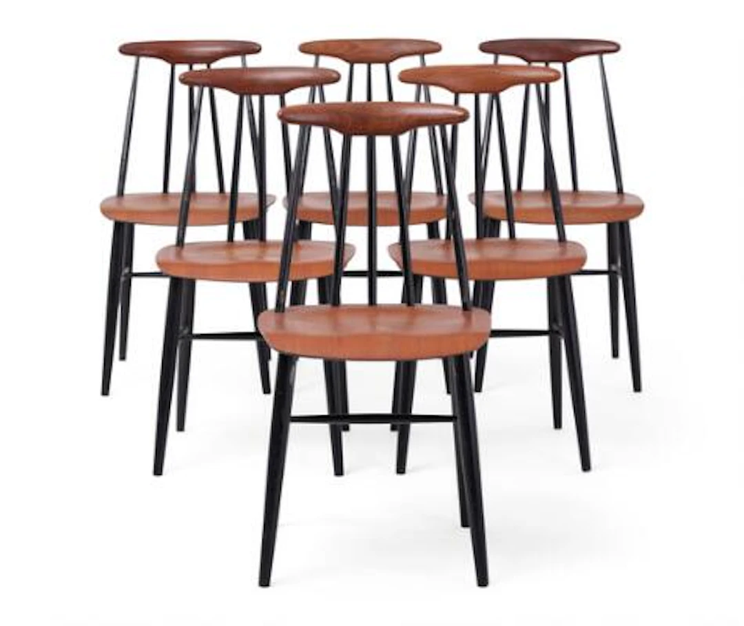 Sandvik Møbler: "Pia". Set of six chairs with frame of black-lacquered