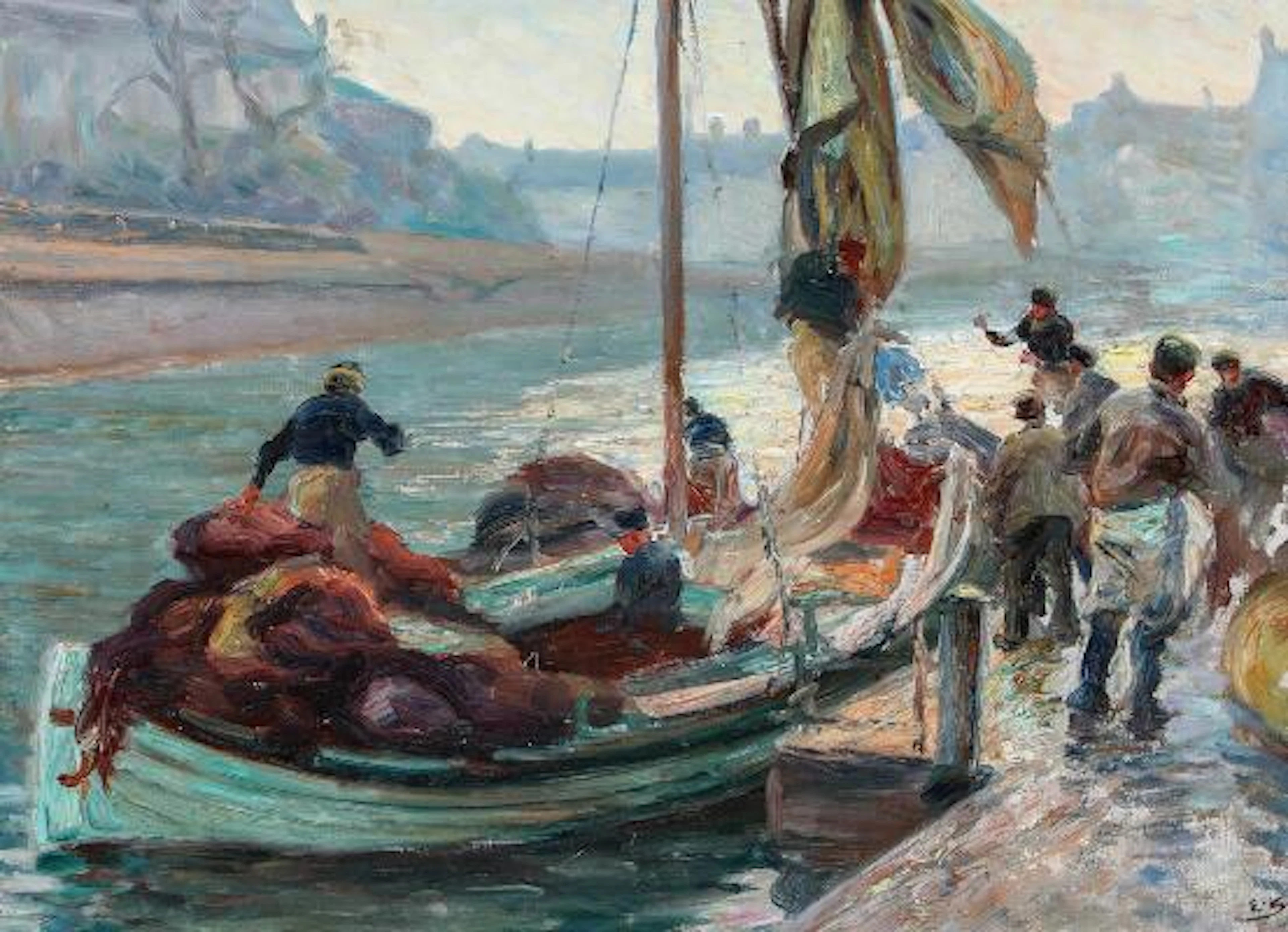 Emil Krause: Harbour view with fishing boats at Gammel Strand. Signed