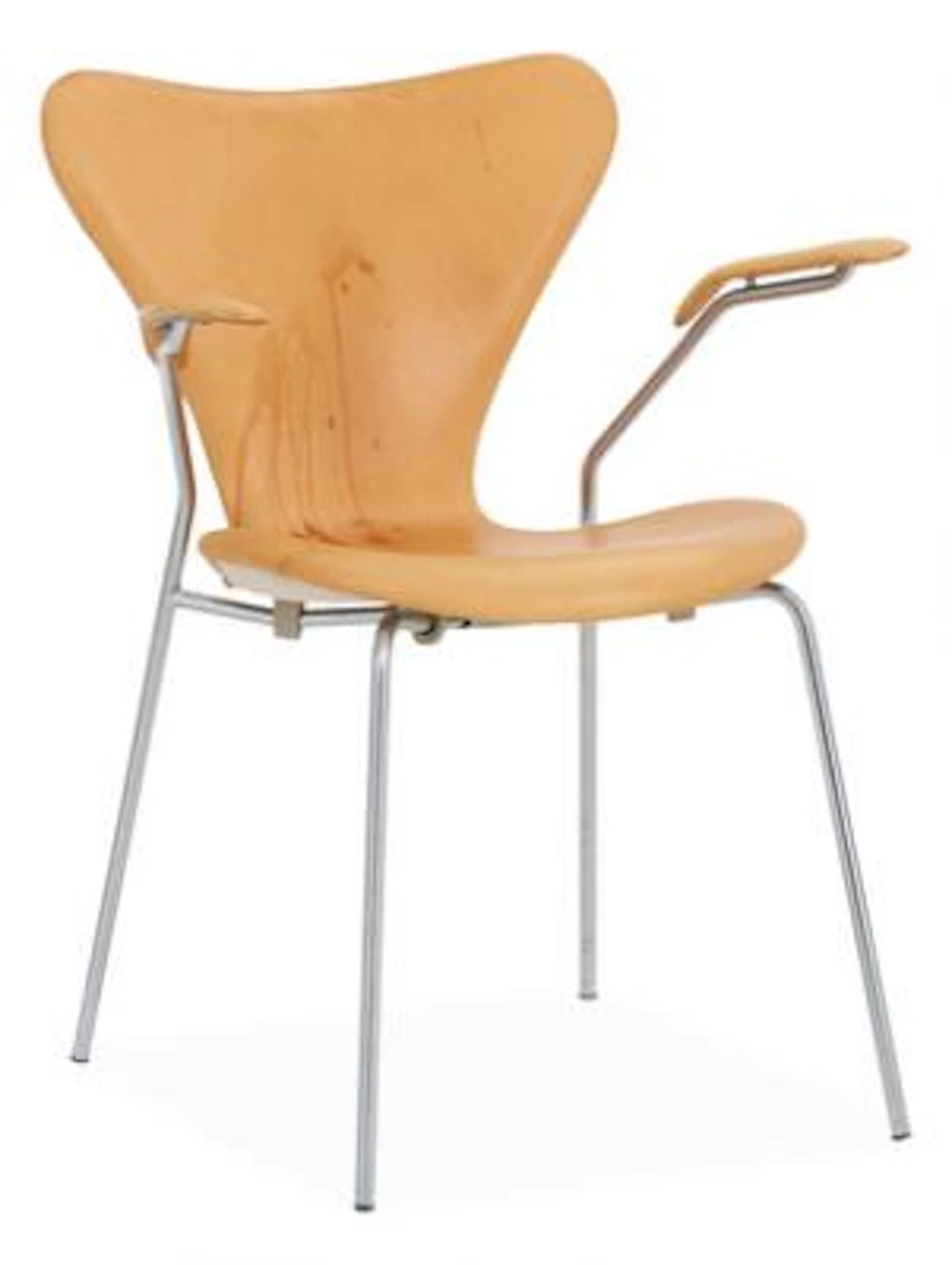 Arne Jacobsen: “The Seven Chair”. Armchai of chromed steel. Upholstered