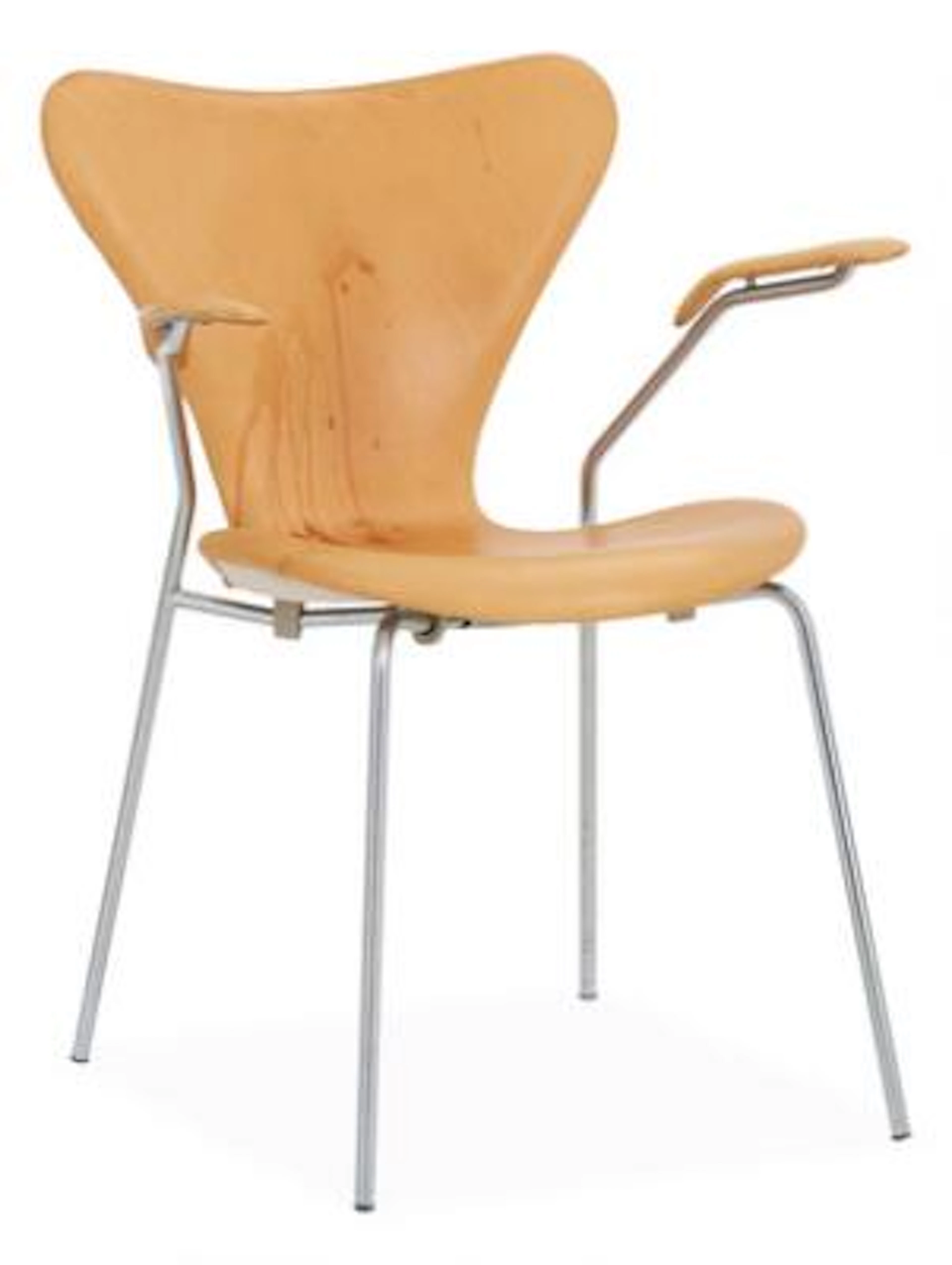 Arne Jacobsen: “The Seven Chair”. Armchai of chromed steel. Upholstered