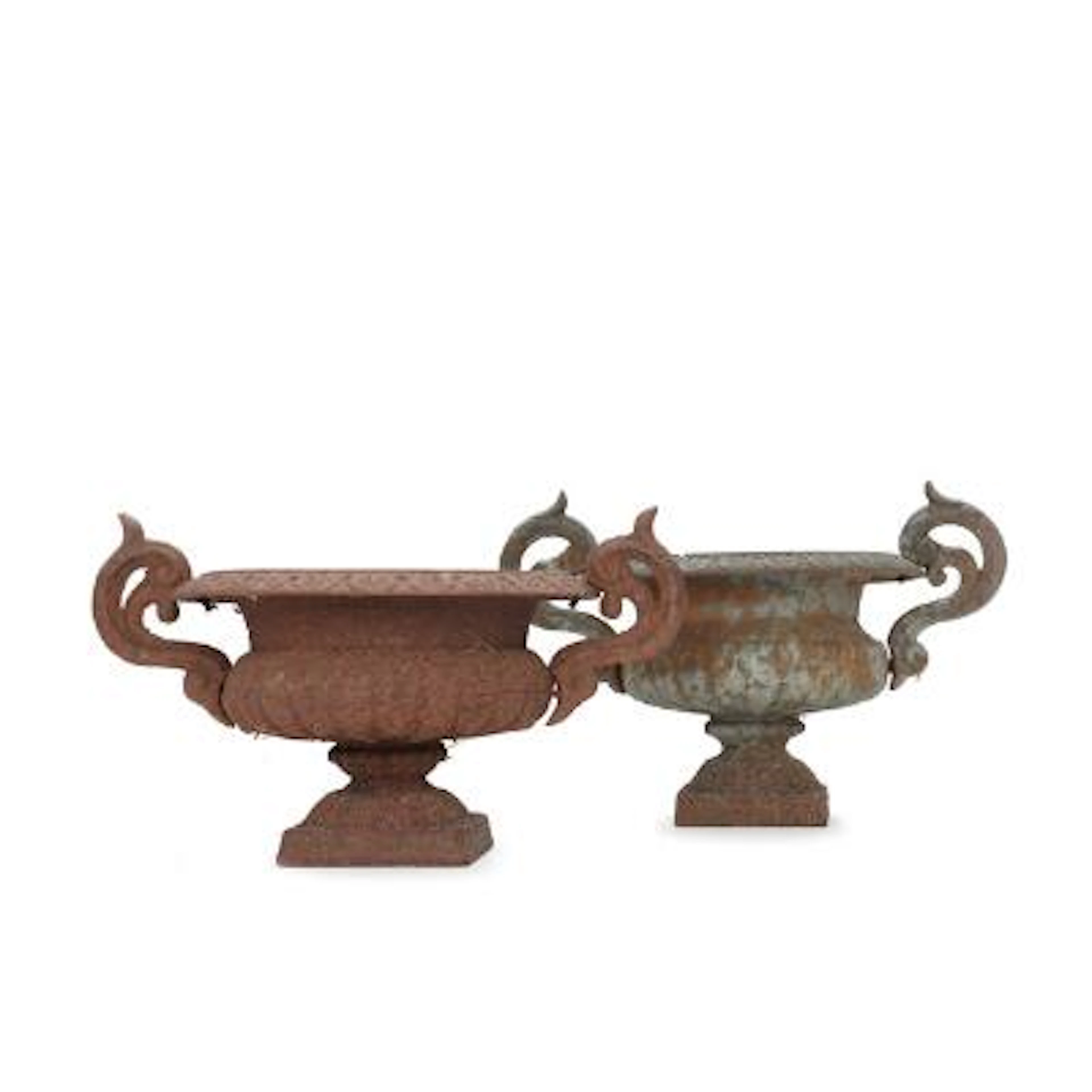 Two almost identical garden urns of patinated cast iron, with cast