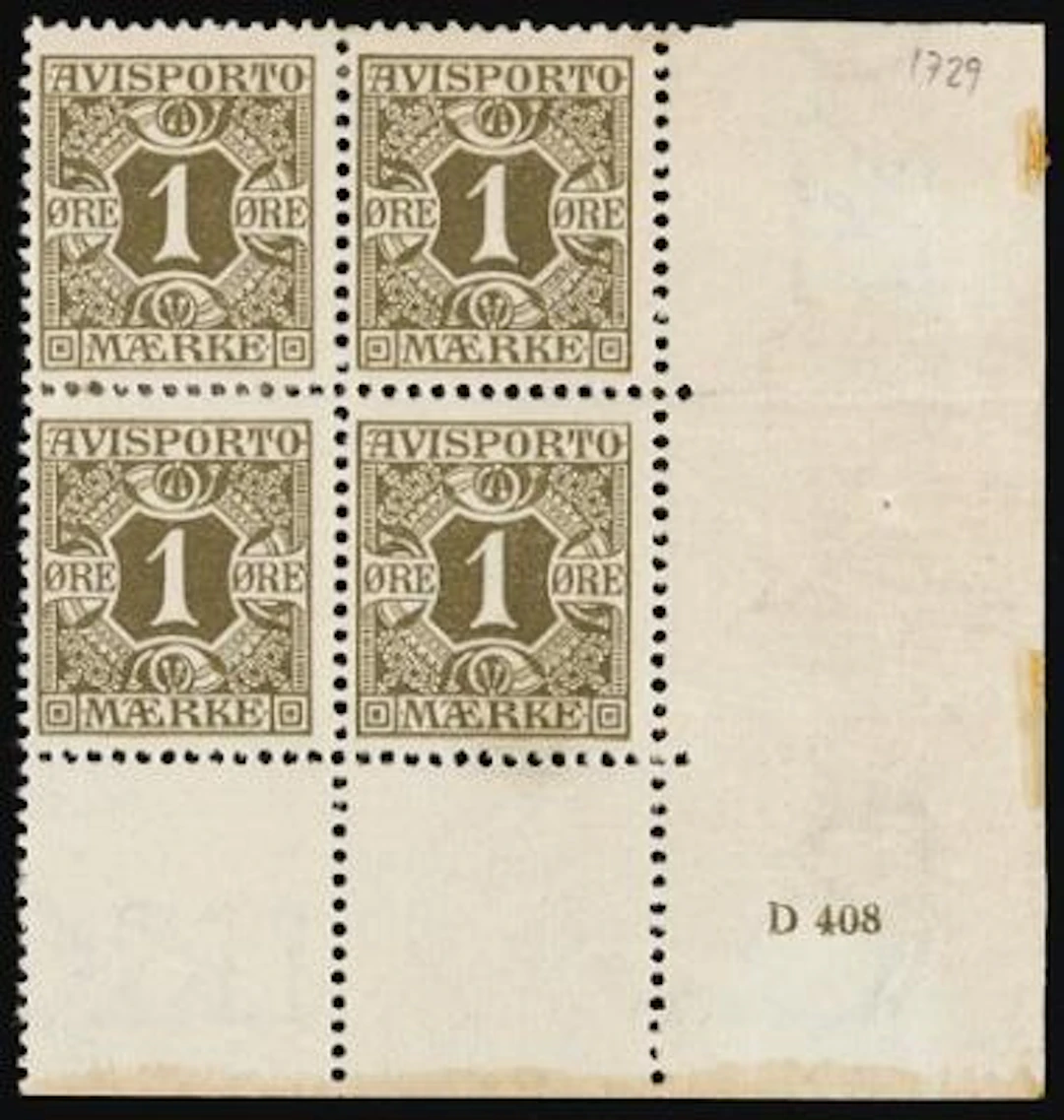 Newspaper. 1907. 1 Øre, olive. Never hinged block of 4 with small
