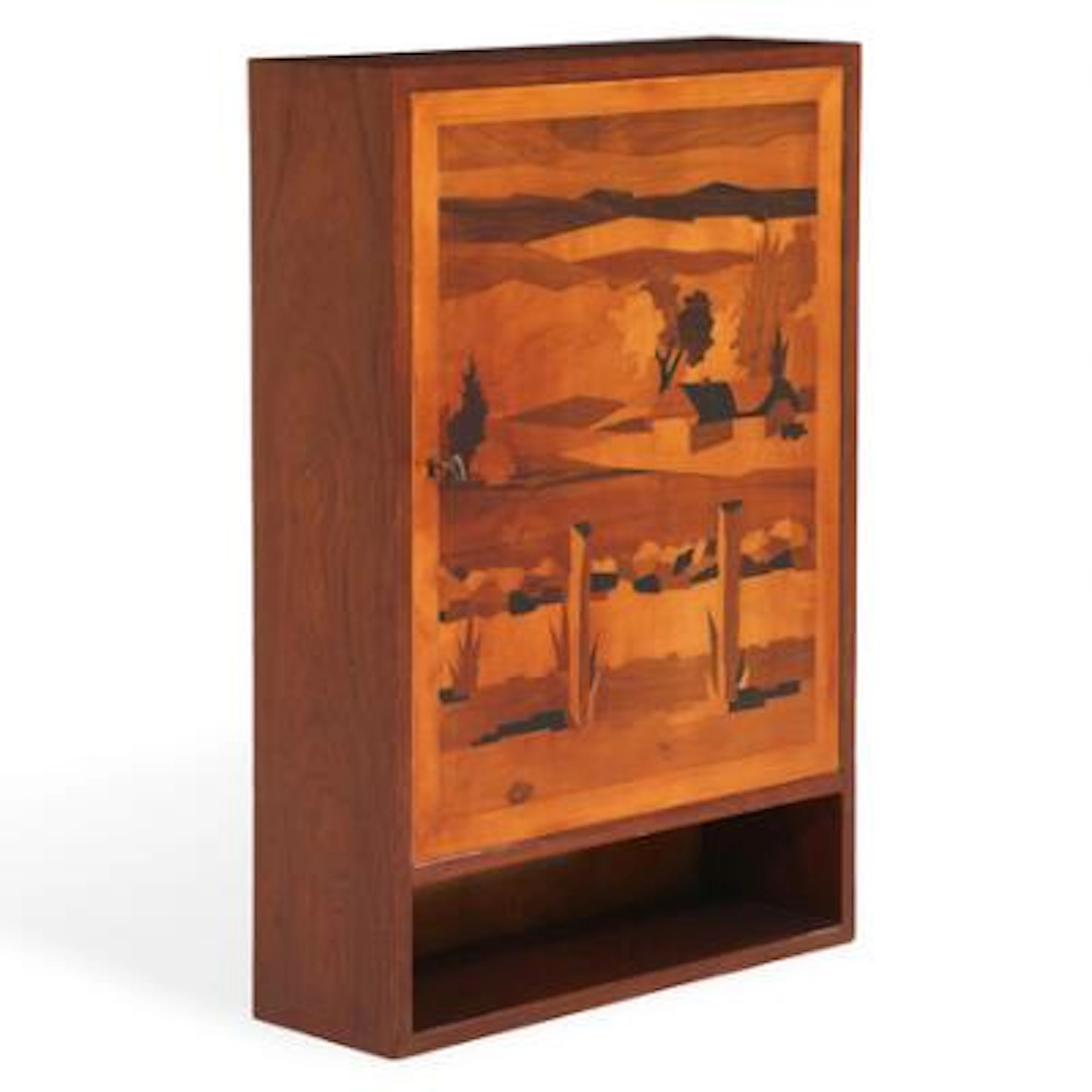 Scandinavian design: Wall mounted teak bar cabinet. Front with intarsia.