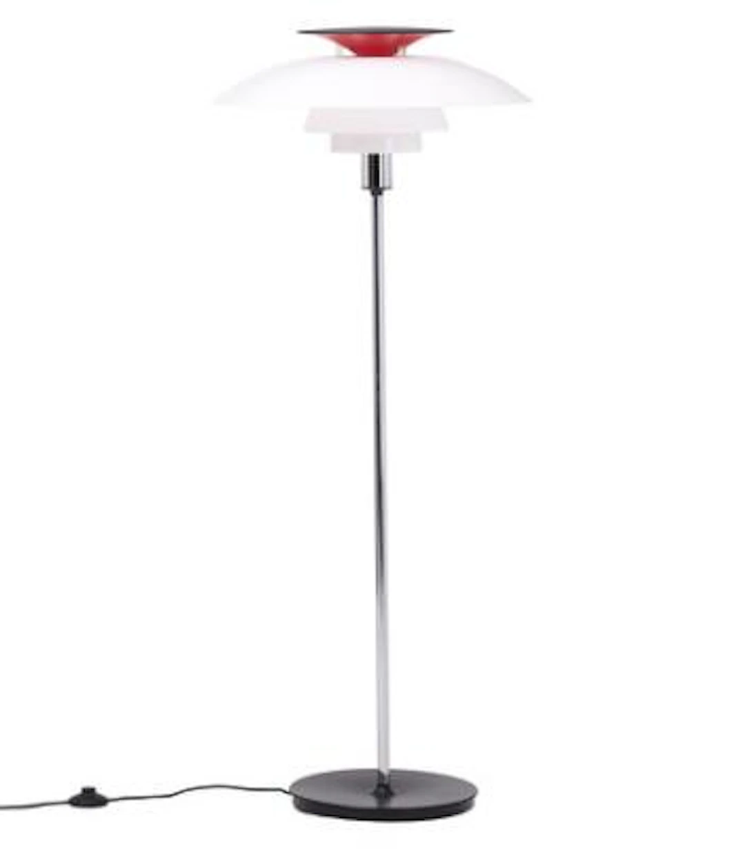 Poul Henningsen: “PH-80”. Floor lamp with white acrylic shades, chromium-plated