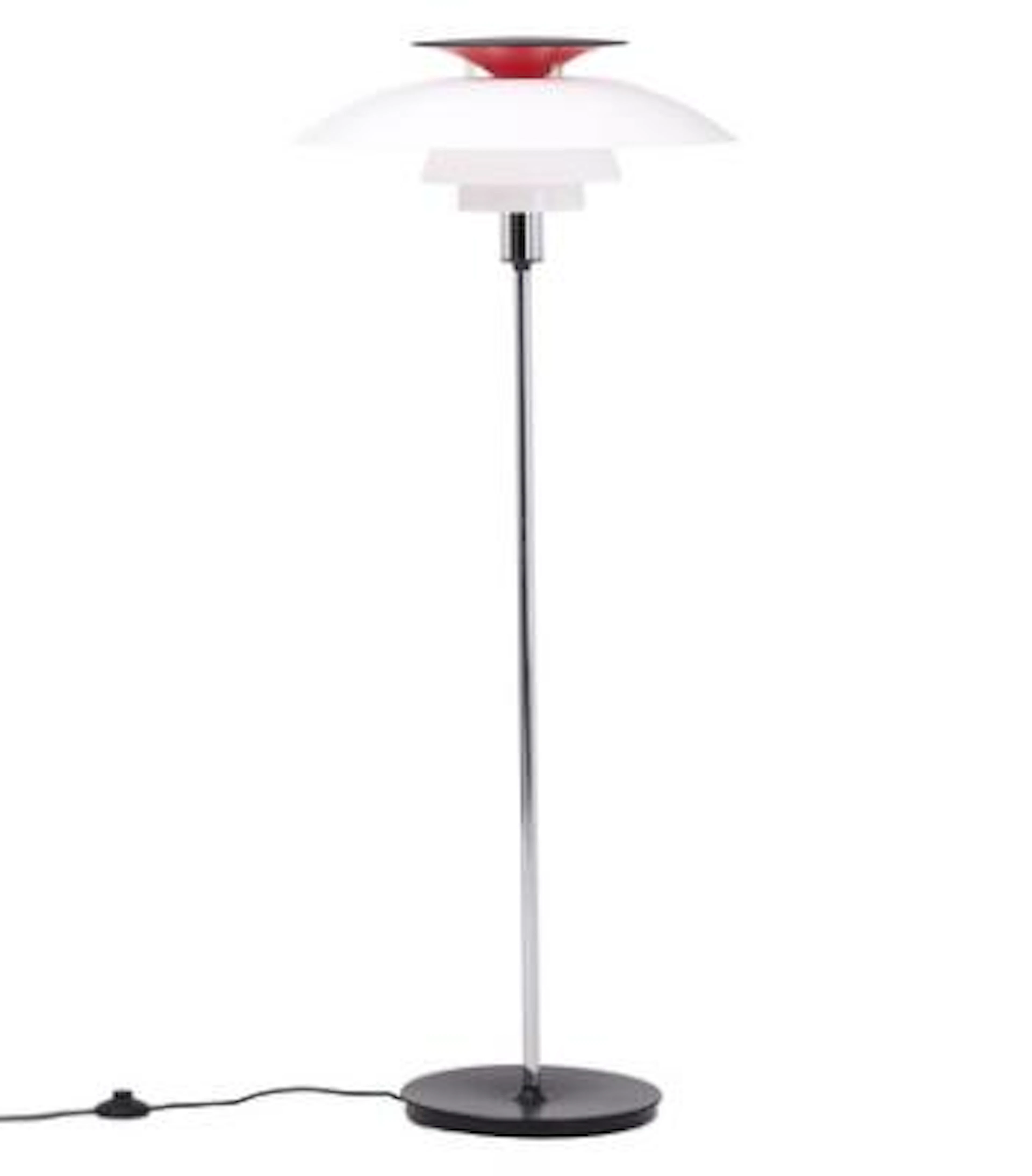 Poul Henningsen: “PH-80”. Floor lamp with white acrylic shades, chromium-plated